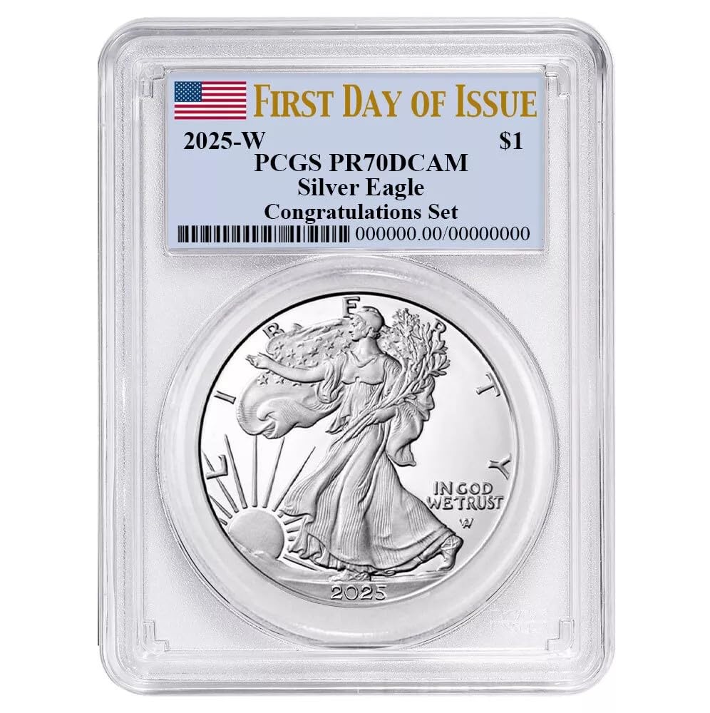 2025-W American Silver Eagle Proof Coin PCGS PR70 DCAM First Day Issue Congratulations Set - Rare Collectible Silver Dollar for Investors & Coin Enthusiasts (Perfect Gift for Holidays & Special Occasions)
