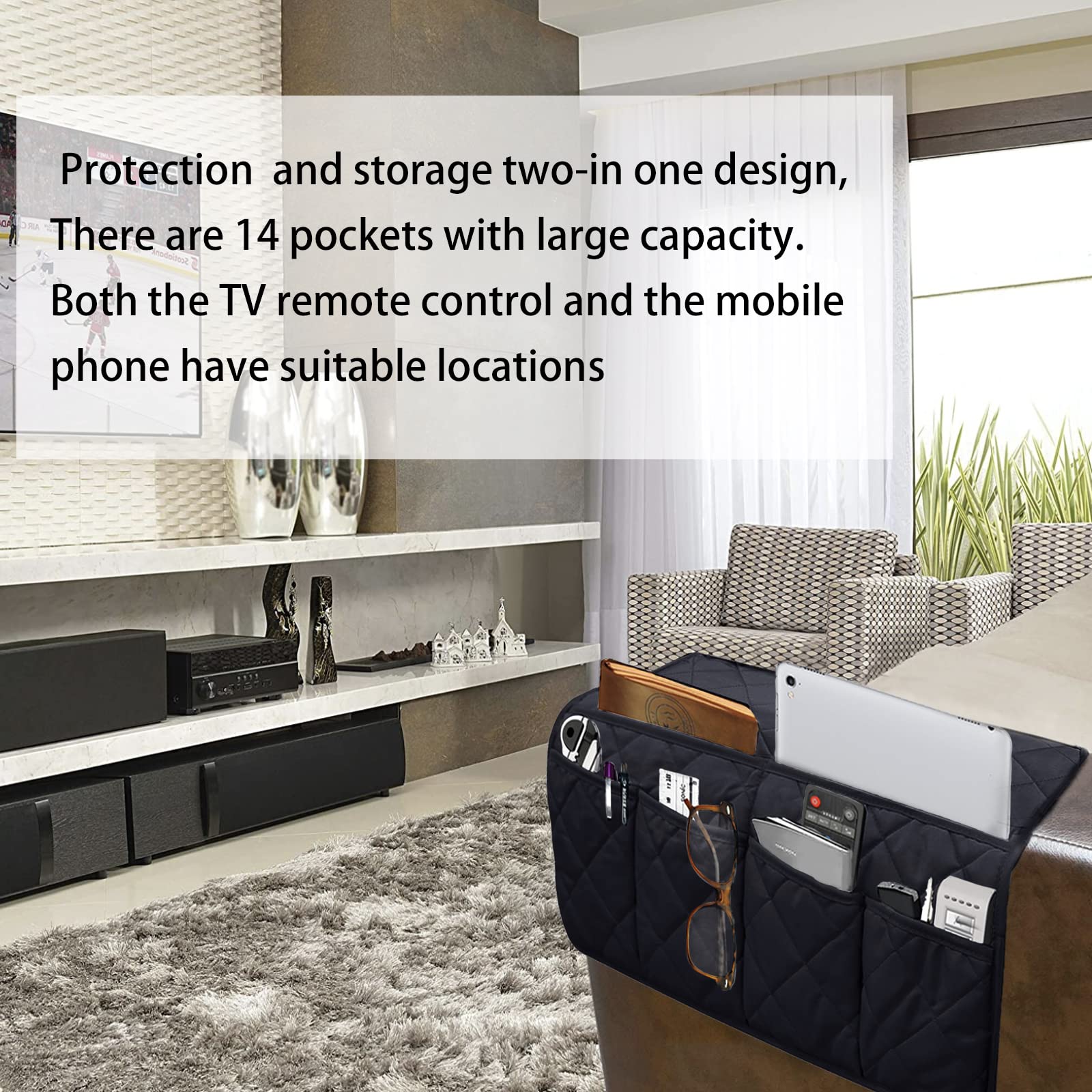 **Waterproof Non-Slip Sofa Armrest Organizer with 14 Pockets – Perfect for TV Remotes, Books, Magazines & iPad – Ideal for Recliners, Armchairs & Living Room Organization**