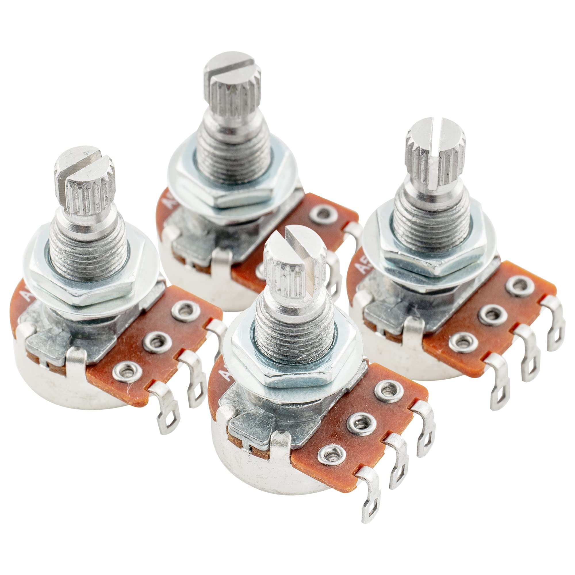 Alpha Mini A500K Metric Potentiometers - Split Shaft Audio Taper Pots for Electric Guitar & Bass (4 Pack) - Perfect for Tone Control & Volume Adjustment in DIY Guitar/Bass Projects