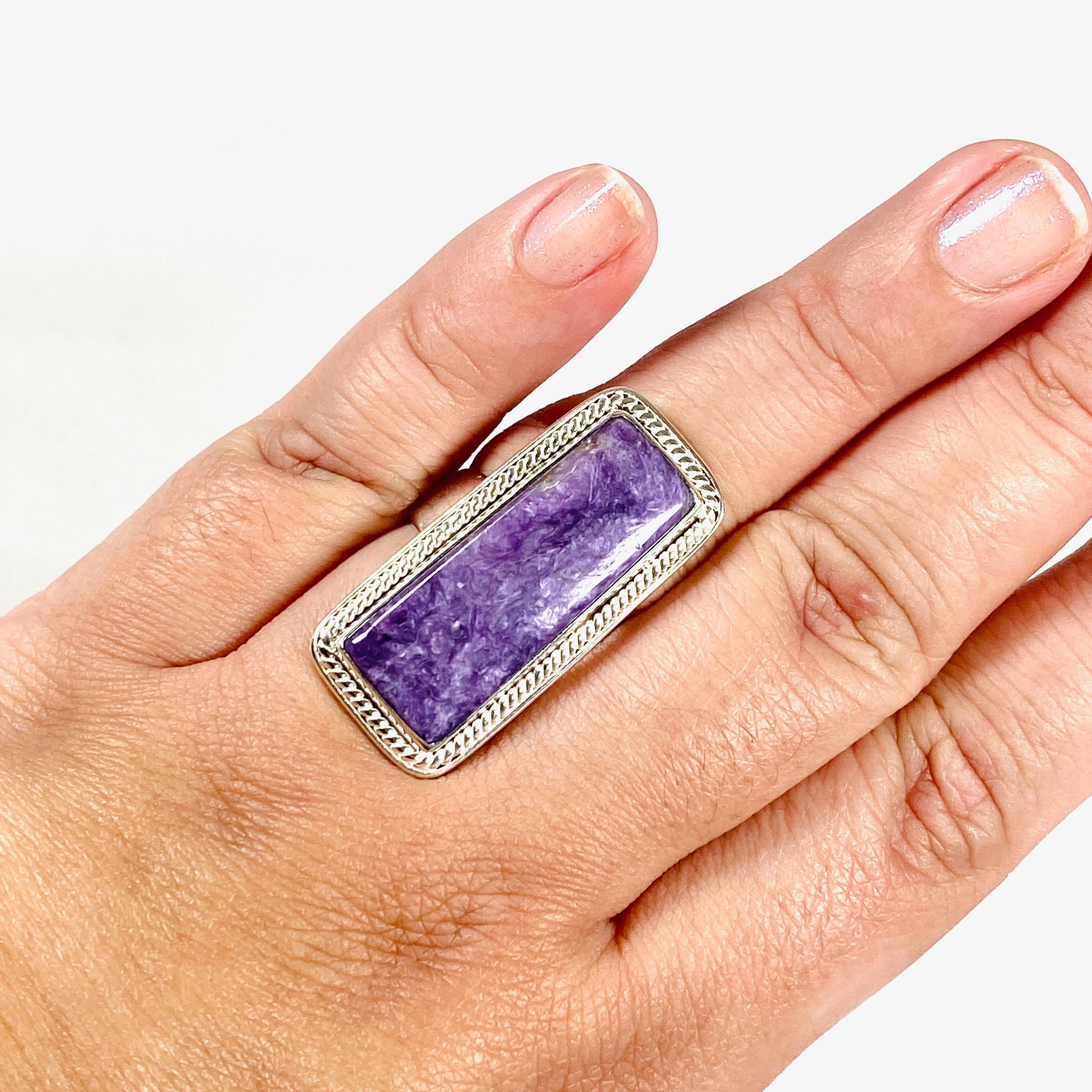 Charoite Rectangular Ring Size 11 KRGJ3048 - Elegant Purple Gemstone Jewelry for Women, Perfect for Weddings, Parties & Special Occasions