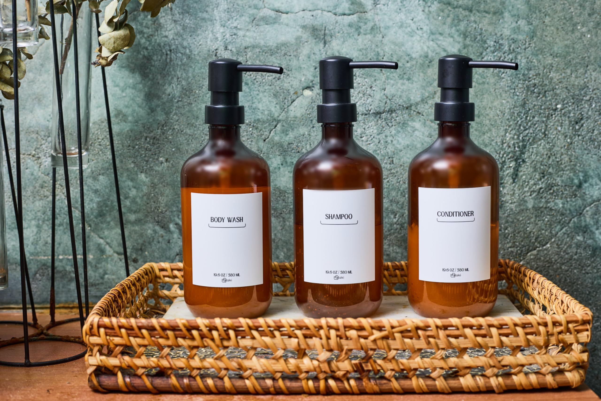 3-Pack Amber Shower Dispenser Set - 19.6 oz PET Plastic Shampoo & Conditioner Bottles - Space Saving Bathroom Organizer for Shower, Gym, Salon & Travel Use