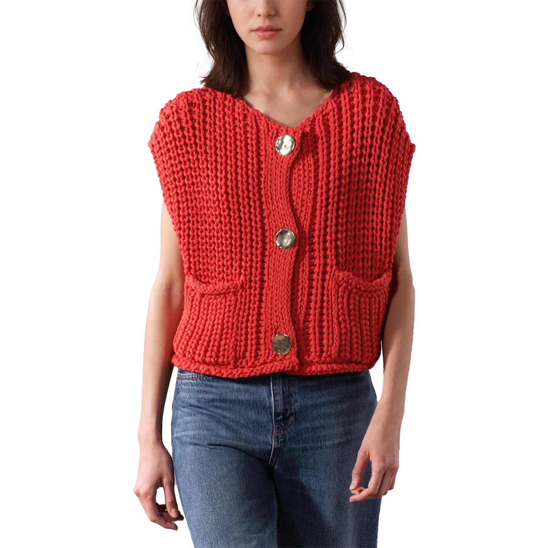 Women's Sleeveless Cropped Cardigan - Casual Chunky Knit Button Down Open Front Sweater Vest with Pockets | Perfect for Spring Layering, Office Wear & Weekend Outfits