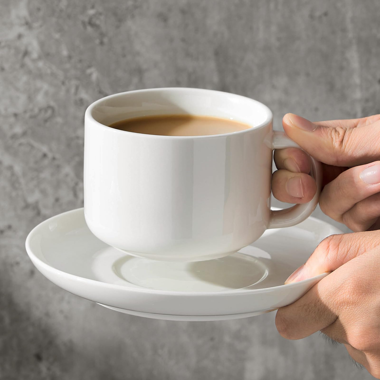 CHILDIKE 6-Piece Porcelain Coffee Cup and Saucer Set with Gold Spoon - 8oz (220ml) White Ceramic Mugs for Tea, Cappuccino & Espresso - Perfect for Home, Office and Gift Giving