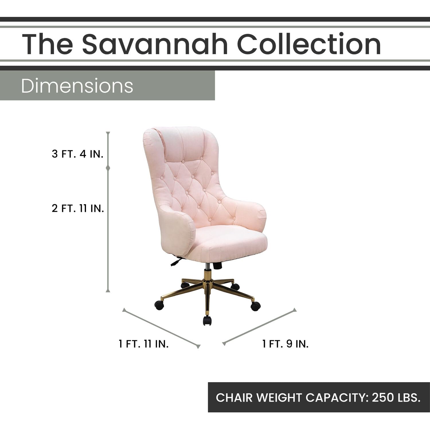 Hanover Savannah High Back Tufted Pink Ergonomic Office Chair with Lumbar Support & Adjustable Height - Rolling Computer Desk Chair with Wheels & Gas Lift - Perfect for Home Office, Gaming & Workspace