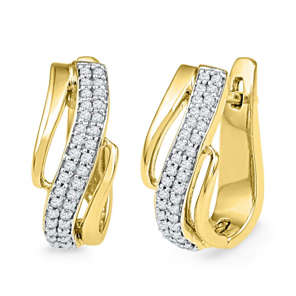 10K Yellow Gold Women's Round Diamond Diagonal Double Row Hoop Earrings - 1/4 Cttw, Elegant & Sparkling Jewelry for Parties, Weddings & Everyday Wear