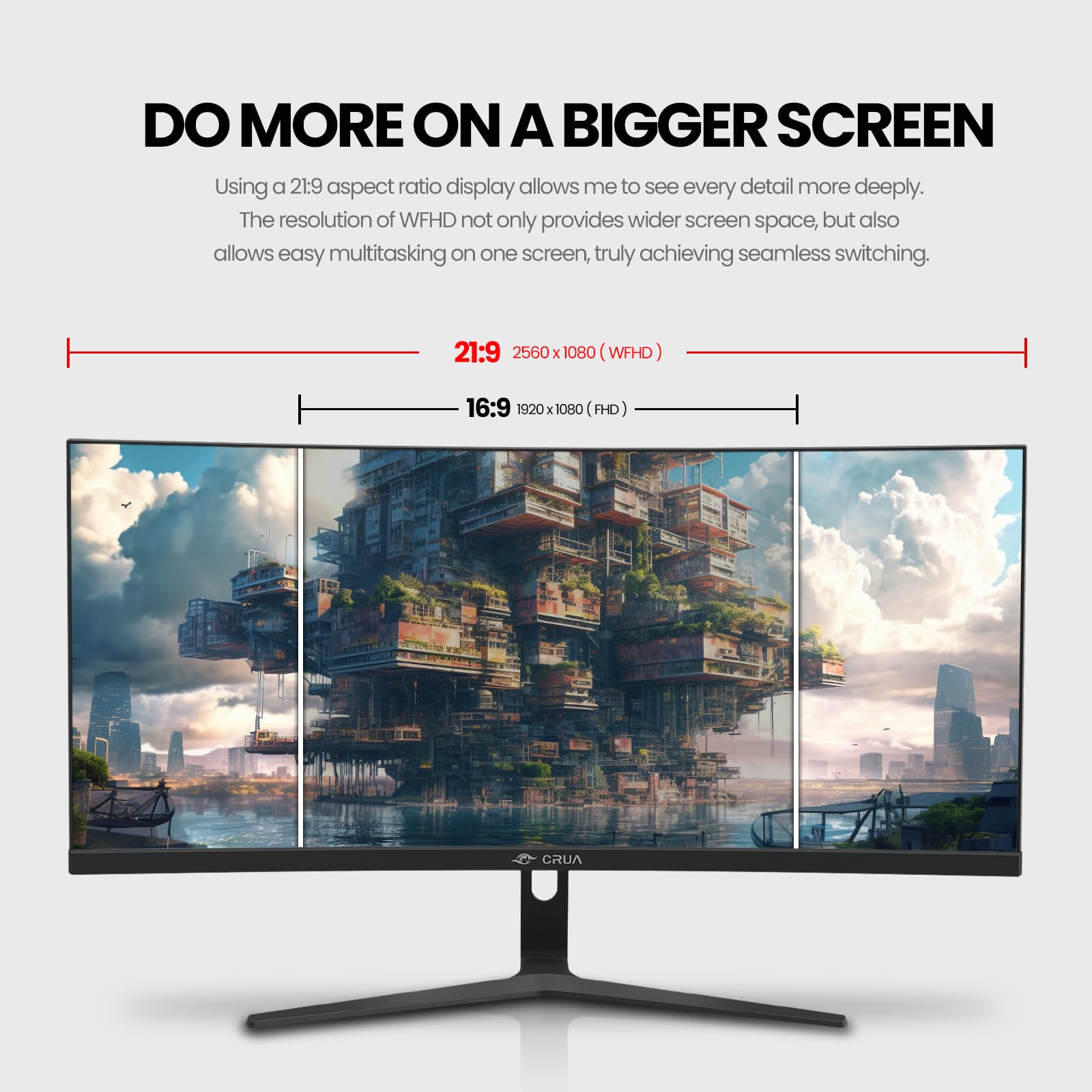 CRUA 30Inch Ultrawide Curved Monitor - 21:9 WFHD 2560x1080P VA Panel, 99% sRGB, 100Hz Refresh Rate, 1500R Curvature, AMD FreeSync, VESA Mount, HDMI/DP Ports - Black | Perfect for Gaming, Office Work & Home Entertainment