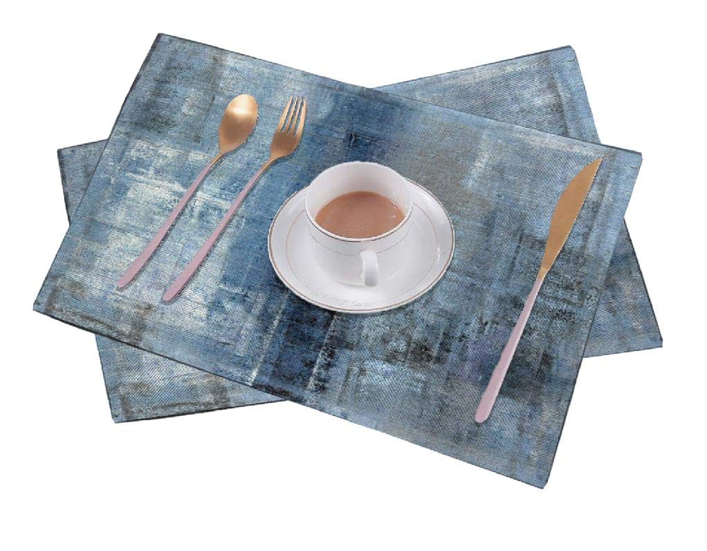 Blue and Grey Abstract Art Linen Placemats Set of 2 - Heat Resistant 18x12 Inch Dining Table Mats for Kids & Adults - Perfect for Family Meals, Dinner Parties & Home Decor