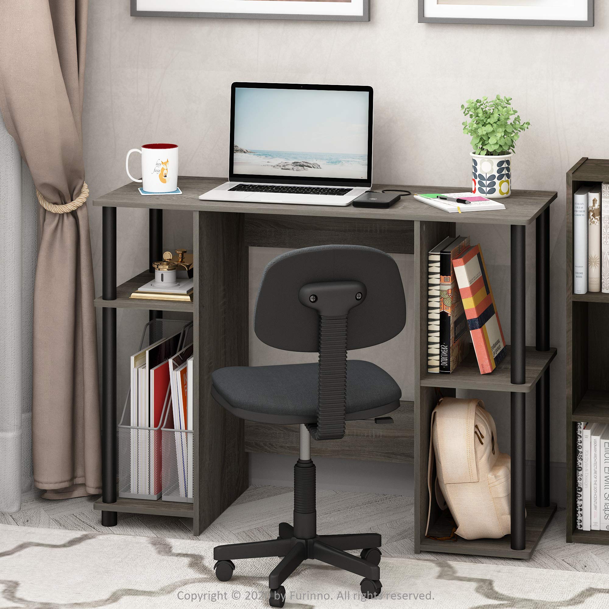 Furinno Jaya Computer Study Desk with Open Storage - French Oak Grey/Black | Compact Home Office Desk for Small Spaces | Perfect for Remote Work, Online Classes & Gaming Setup