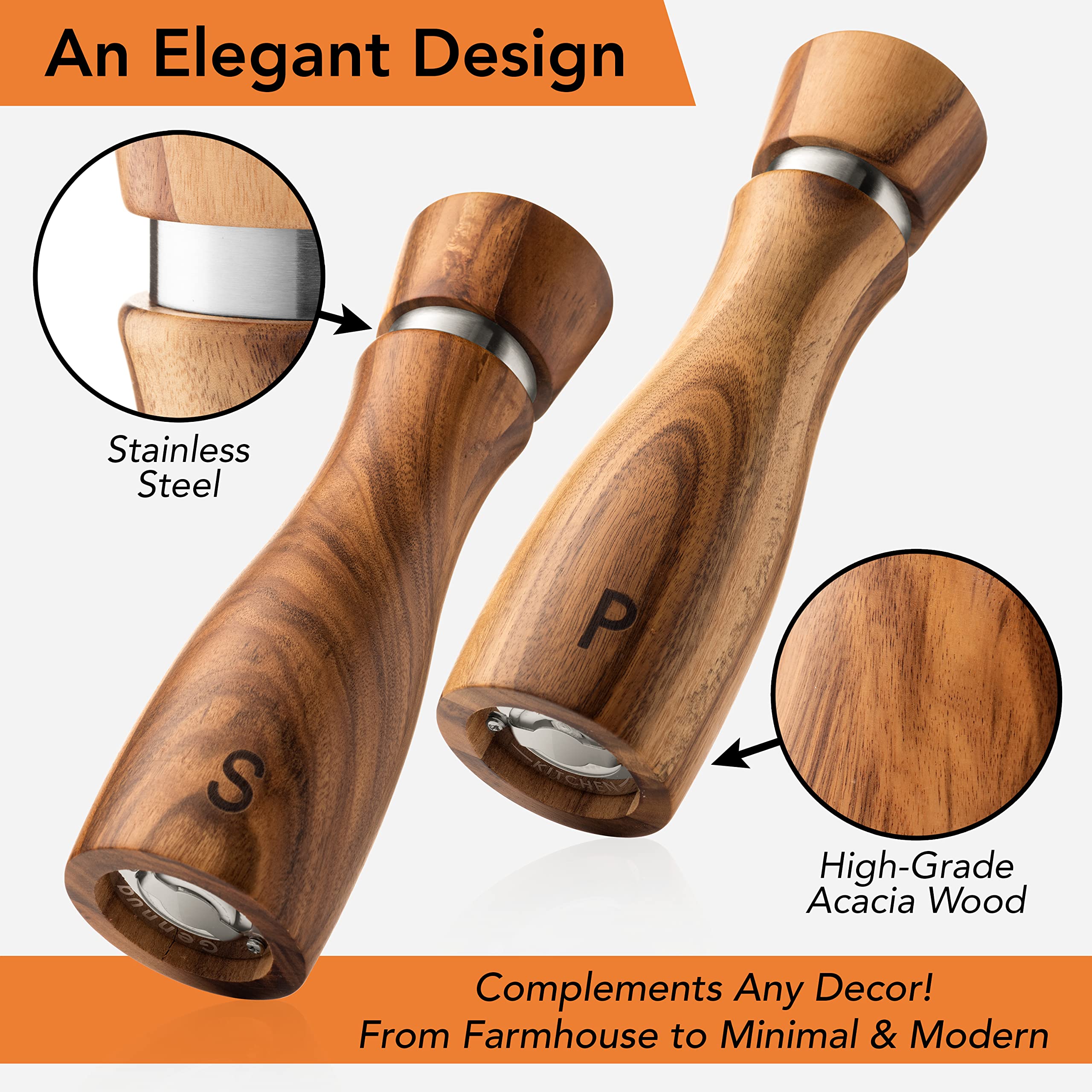 Premium Acacia Wood Salt and Pepper Grinder Set - Refillable Adjustable Coarseness, Ceramic & Stainless Steel Core, 8 Inch Kitchen Essentials for Gourmet Cooking, Dining Table & Gift Giving
