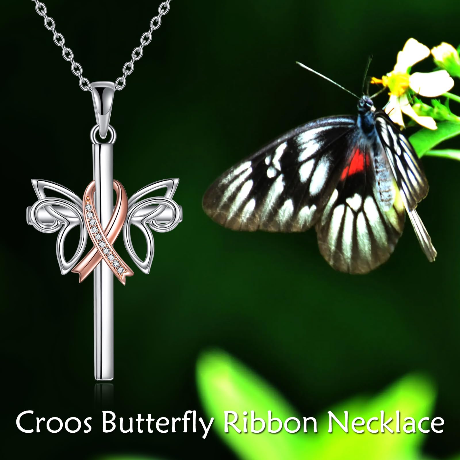 Sterling Silver Pink Ribbon Pendant Necklace - Breast Cancer Awareness Jewelry for Women Survivors, Butterfly & Dragonfly Charm Gift for Hope & Support | Perfect for Fundraisers, Survivor Celebrations & Daily Wear
