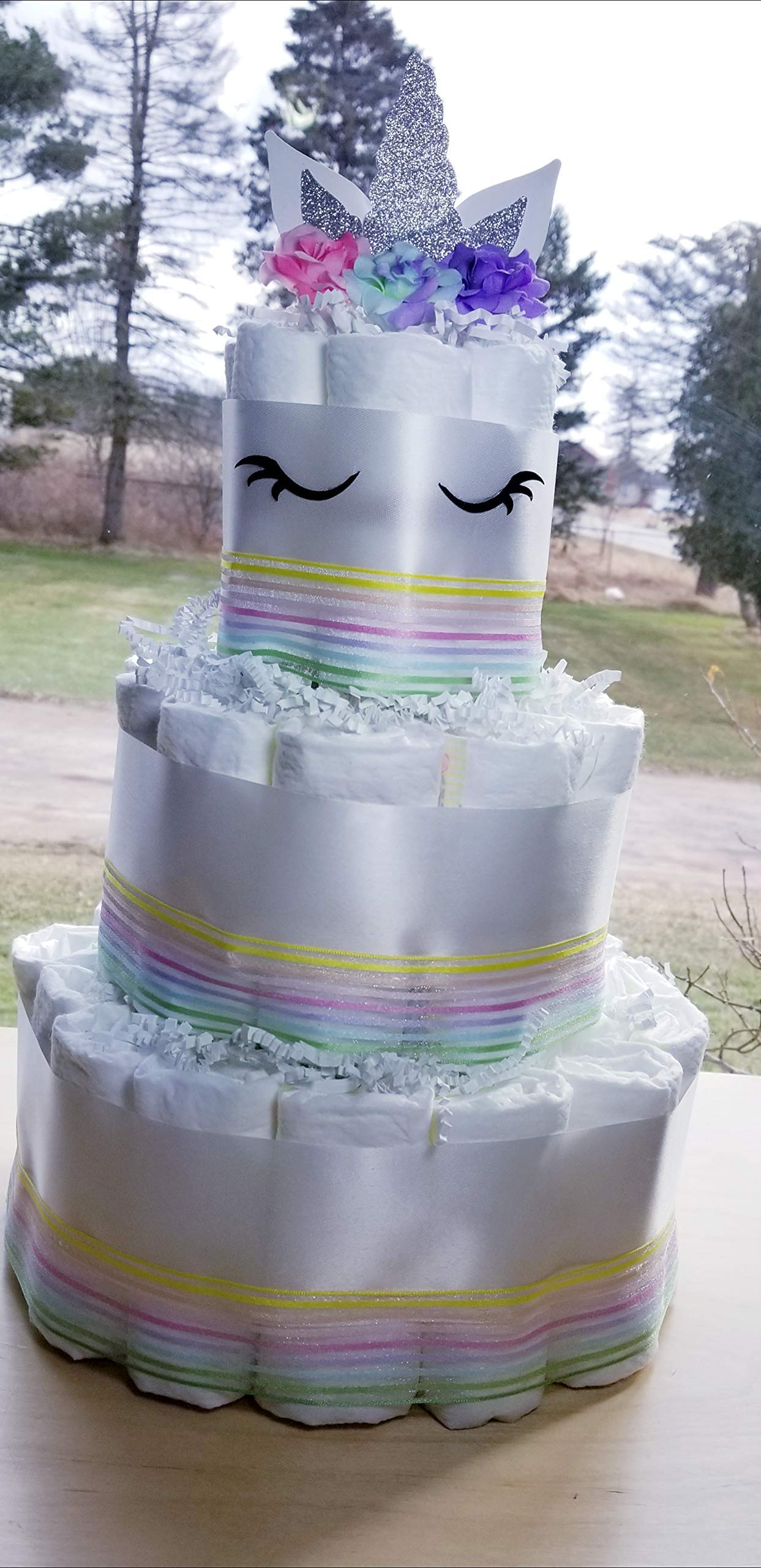 3 Tier Unicorn Diaper Cake for Baby Shower - Pastel Rainbow Diaper Tower with Gold/Silver Options - Perfect Gender Reveal Gift & Newborn Celebration Decoration