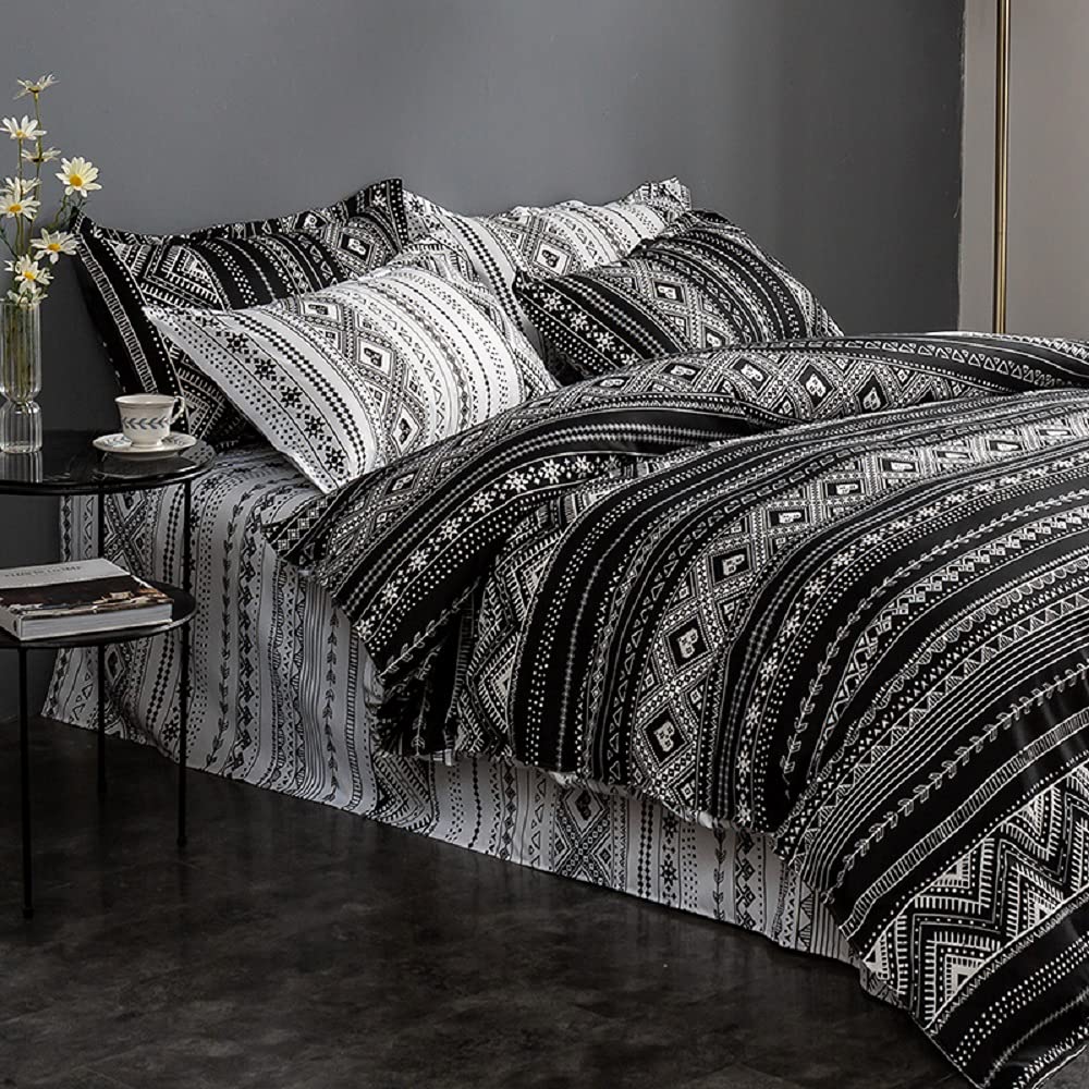 Geometric Boho Duvet Cover Set - Black and White Twin Size Bedding with Zipper Closure, Reversible Quilt Comforter Cover for Kids, Boys & Teens (1 Duvet Cover + 2 Pillow Shams) | Perfect for Boho Bedroom Decor, Teen Room Makeover & Cozy Sleep
