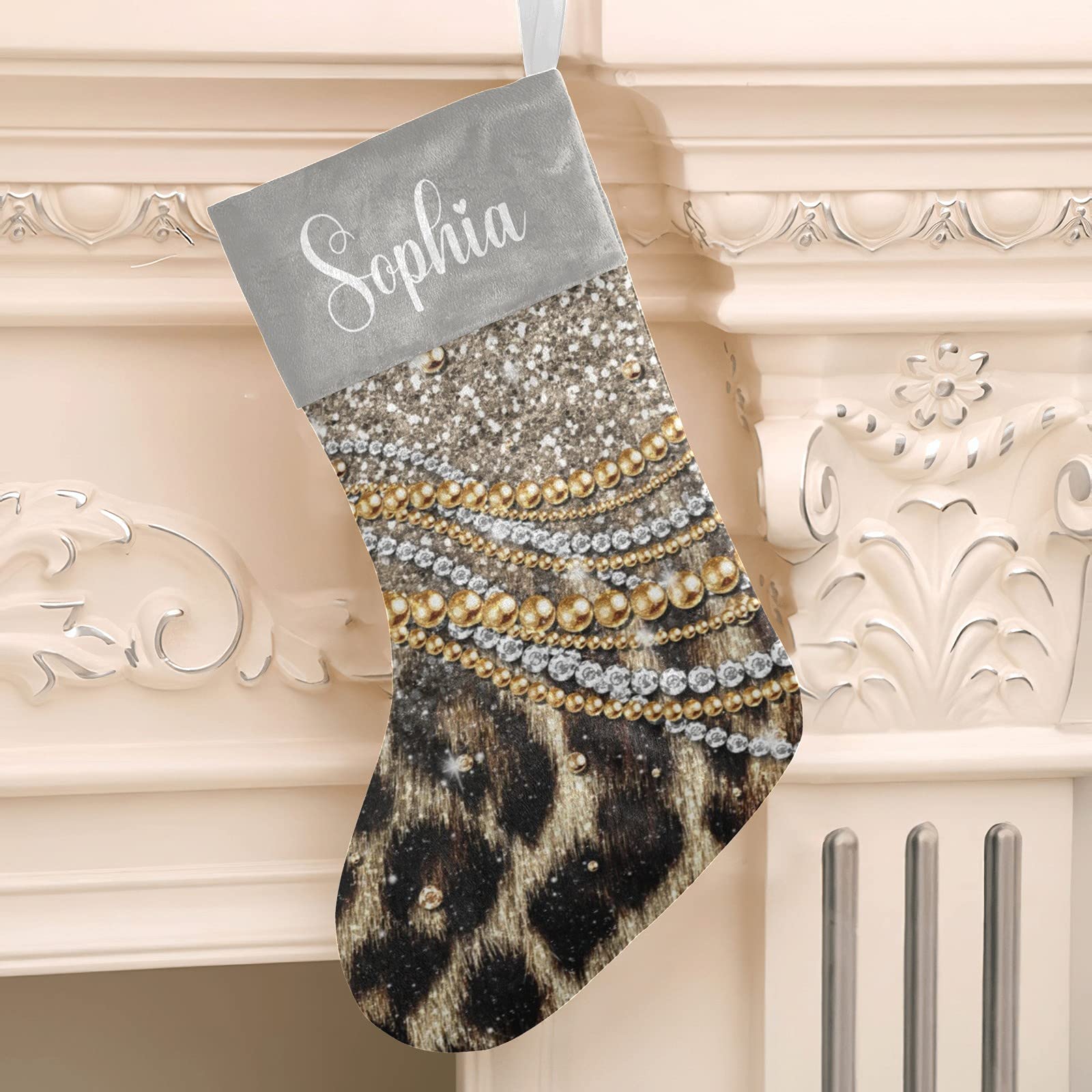 Personalized Christmas Stockings with Name - Bling Pearl & Leopard Print Holiday Decor - 17.52 x 7.87 Inch Family Xmas Gift for Fireplace Mantel, Tree Decorations & Festive Home Styling