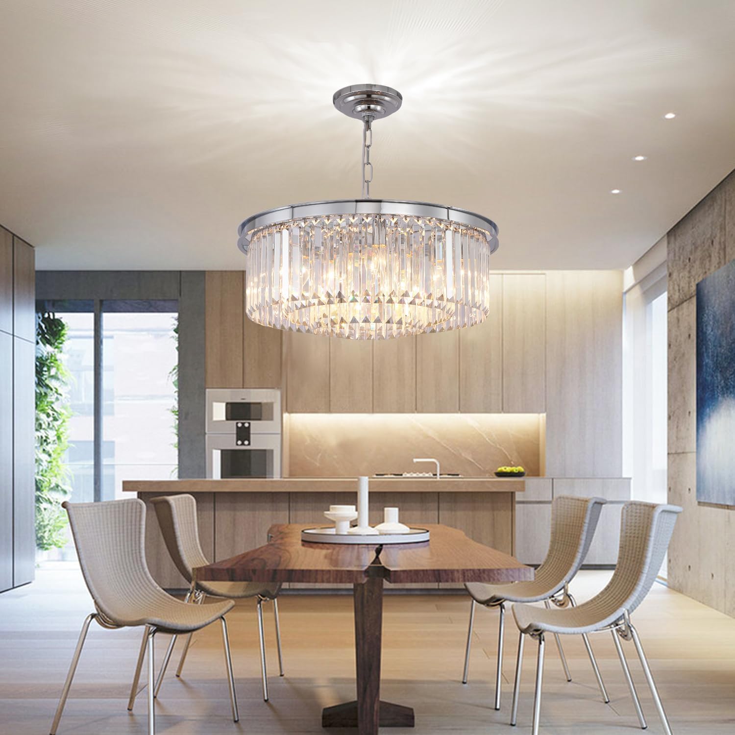 Modern Crystal Chandelier - 3-Tier Chrome Pendant Ceiling Light Fixture (20