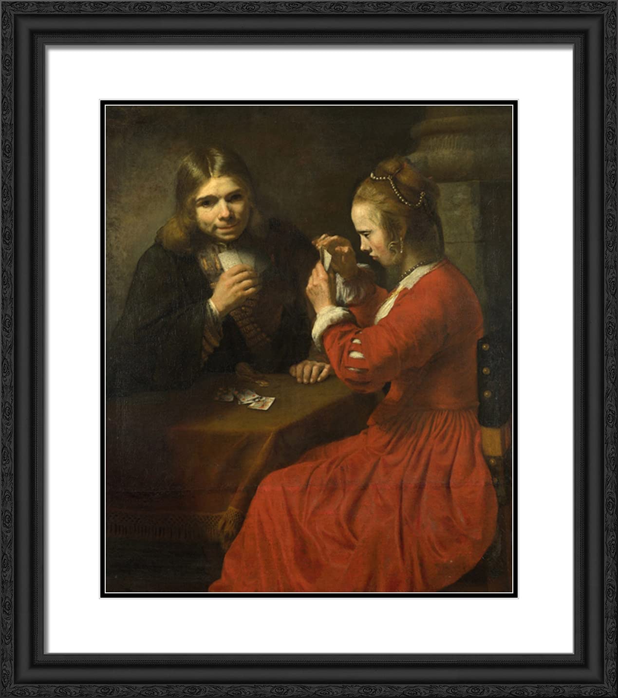 Rembrandt 20x22 Black Ornate Framed Art Print - Young Man and Girl Playing Cards Painting with Double Matting - Perfect for Living Room, Bedroom & Office Wall Decor