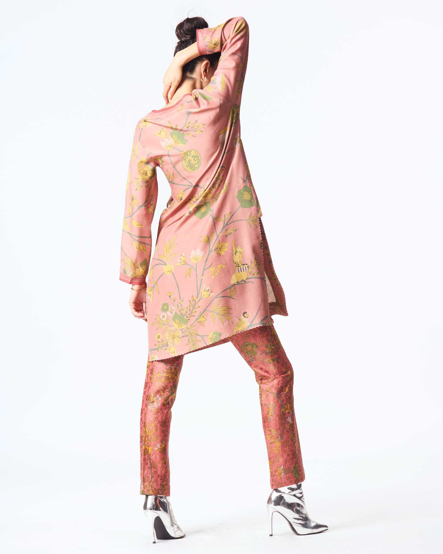 Elegant V Neck Kurta in Luxurious Muga Satin with Rose Design - Perfect for Festive Occasions, Weddings & Cultural Events