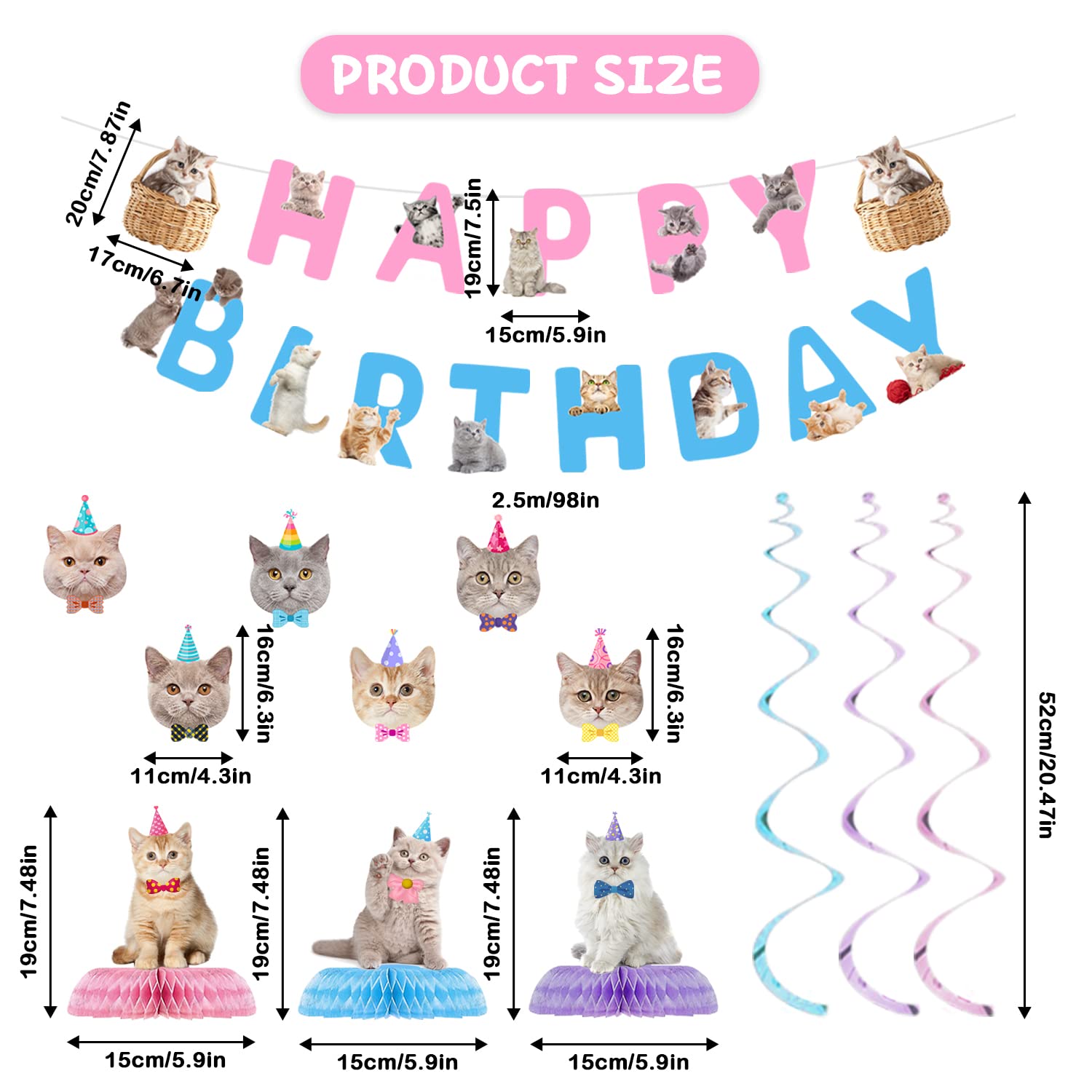 16 Pcs Cat Birthday Party Supplies Kit - Includes Happy Birthday Banner, Hanging Cutouts, Swirl Decorations & Honeycomb Centerpieces for Kitten Themed Parties | Perfect for Cat Lovers' Birthday Celebrations, Baby Showers & Pet Adoption Events
