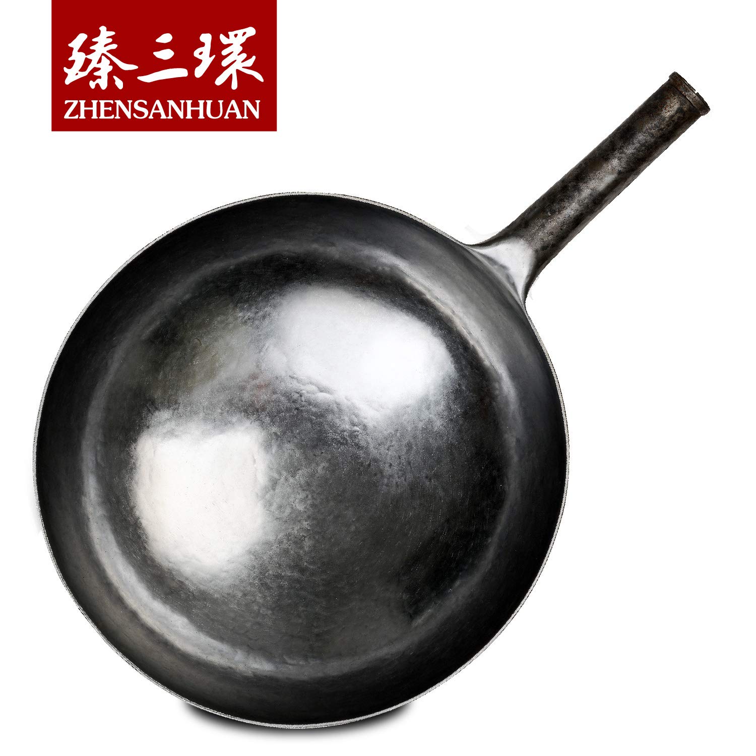 ZhenSanHuan Authentic Chinese Hand-Forged Carbon Steel Wok Pan - 32cm Seasoned Iron Stir Fry Pan, Non-Stick Natural Coating, Healthy Cooking with Less Oil | Perfect for Stir-Frying, Sautéing & Asian Cuisine