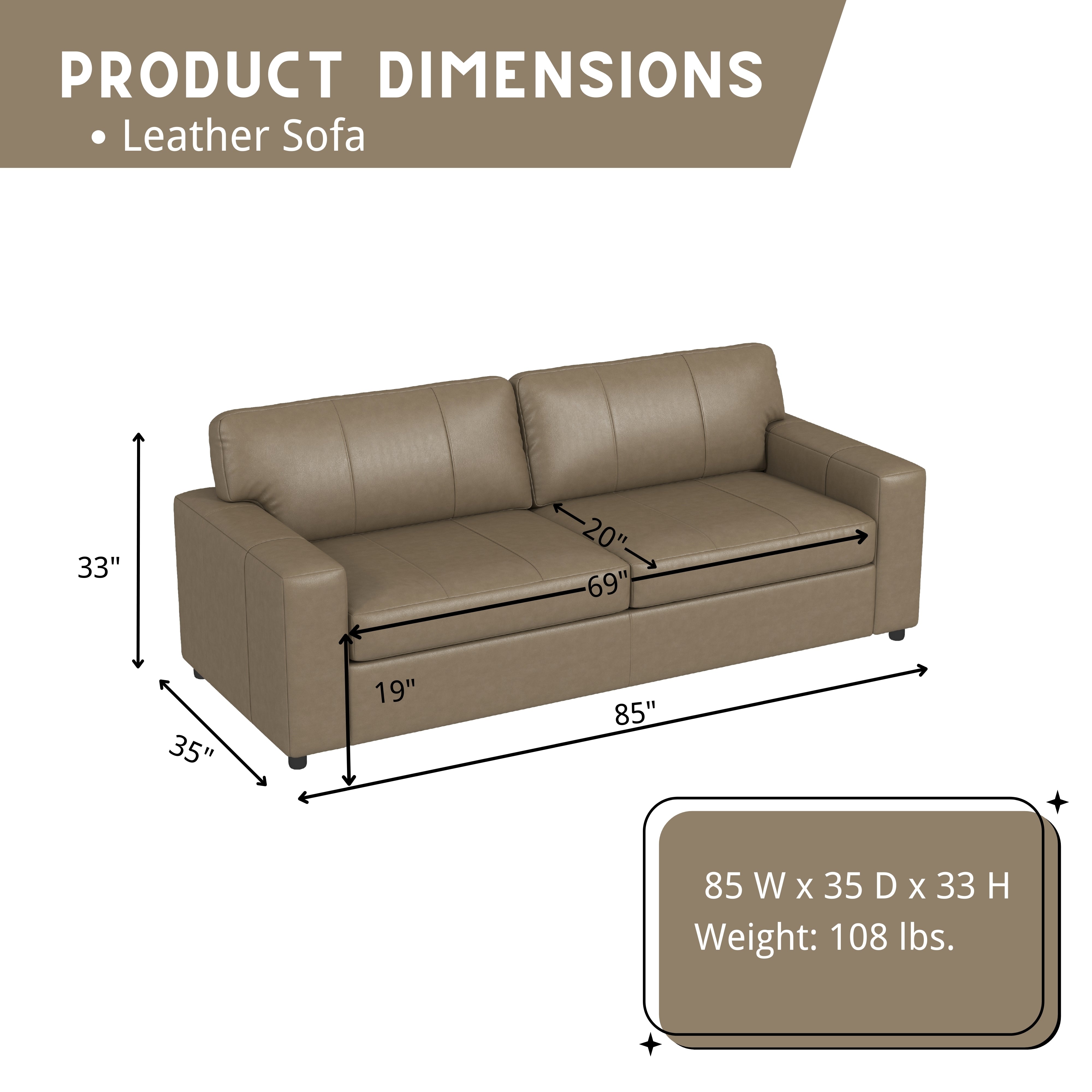 Roundhill Furniture Sakan Genuine Leather Upholstered Sofa - Modern Living Room Couch for Home, Office & Lounge Comfort