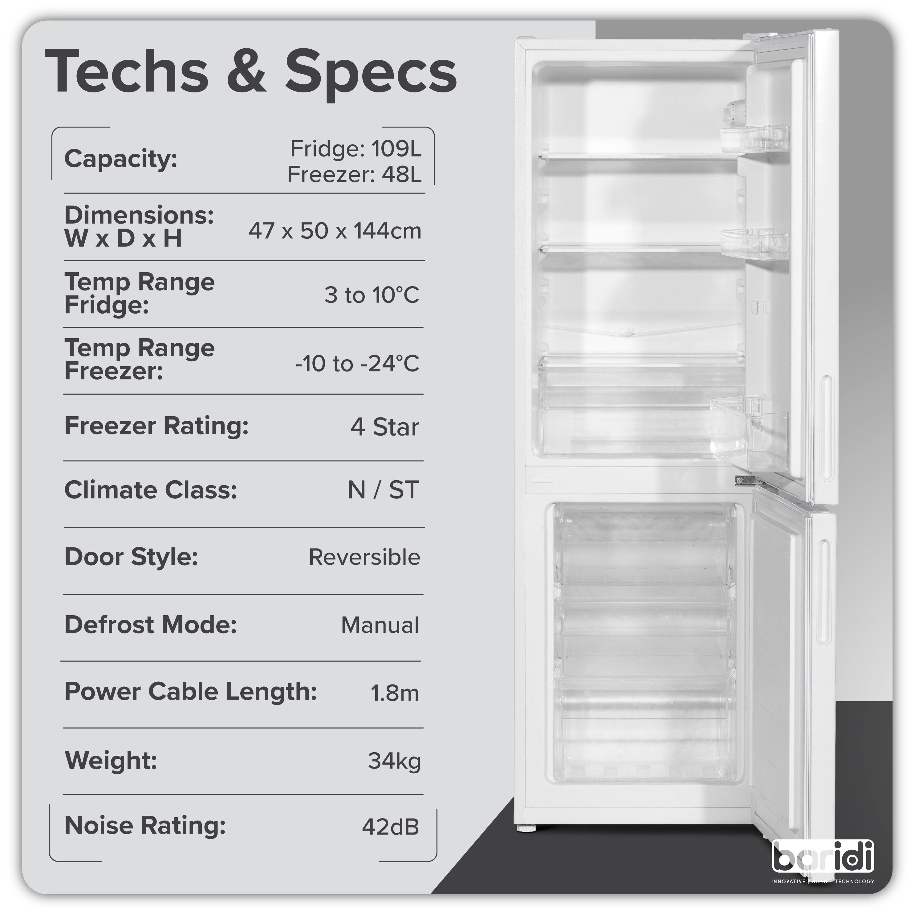 Baridi 47cm 70/30 Fridge Freezer with Adjustable Thermostat, 157L Capacity - Energy Efficient Compact Refrigerator for Home, Office, Dorm, or Apartment - White (Model DH252)