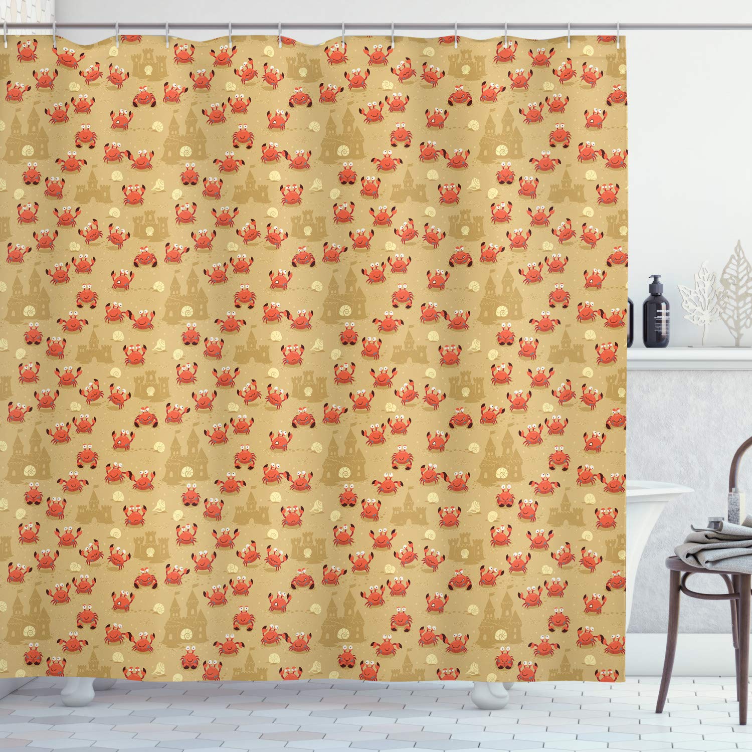 Ambesonne Summer Beach Themed Shower Curtain - Cartoon Crabs & Sand Castles Design, 69x75 Inch Fabric Bathroom Decor with Hooks in Pale Camel & Dark Mustard | Coastal Bathroom Decor, Kids Beach Theme Bathroom, Nautical Home Accessories