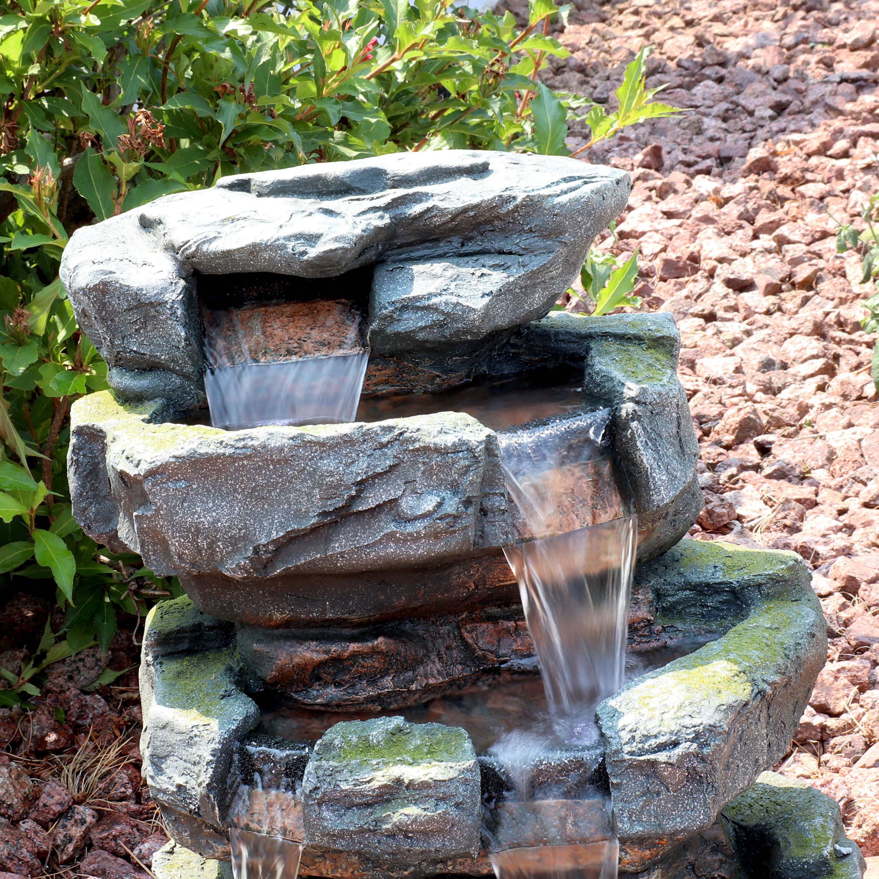 Sunnydaze Outdoor Electric 3-Tier Stone Waterfall Fountain with LED Lights - 23 Inch Height - Perfect for Garden, Patio, and Backyard Decor
