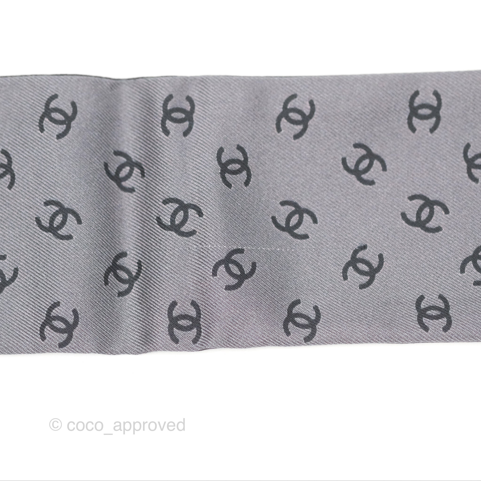 Chanel CC Pearl Print Silk Twilly Scarf - Black & Grey Luxury Fashion Accessory for Women | Perfect for Handbags, Hats & Gift Giving