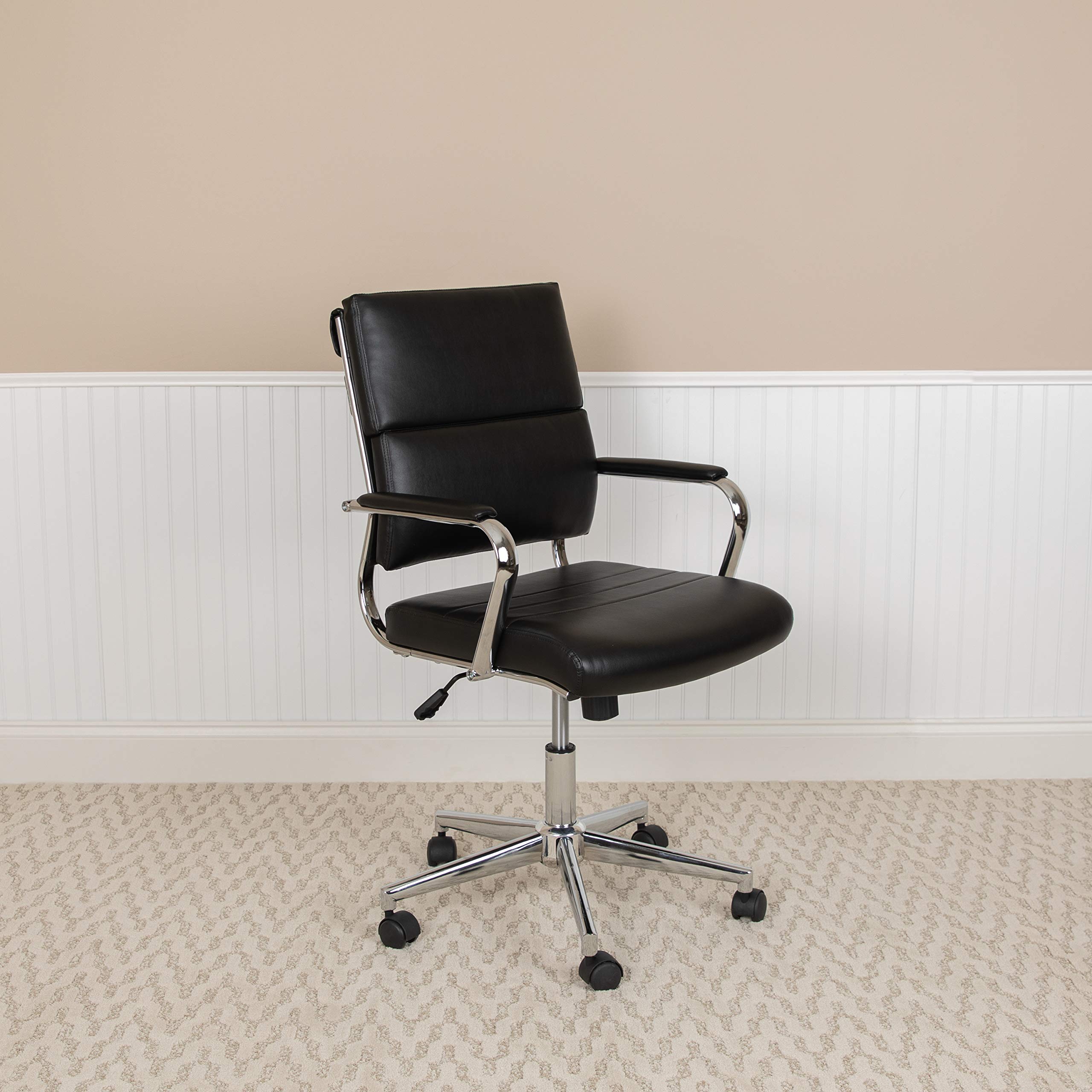 EMMA + OLIVER Mid-Back Black LeatherSoft Executive Office Chair with Swivel - Ergonomic Desk Chair for Home & Office Workspace, Perfect for Long Hours Computer Work and Conference Meetings