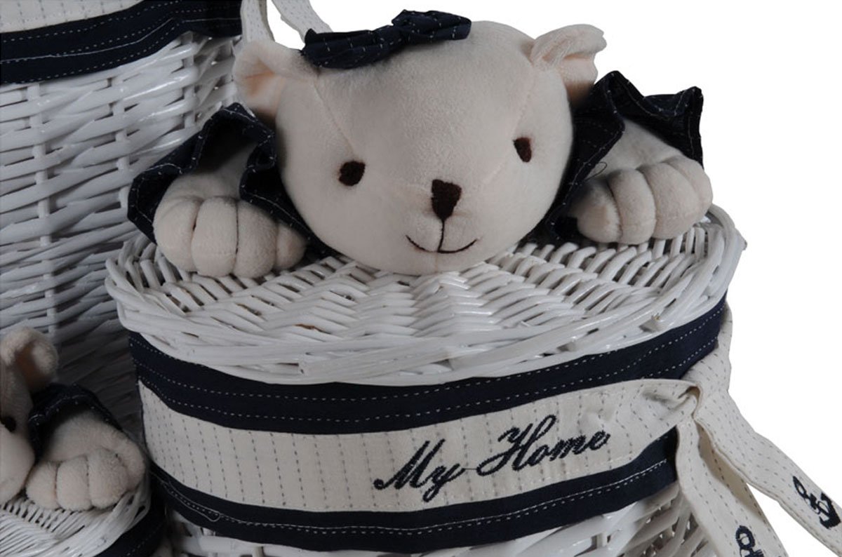 Anne Home Set of 4 Oval Willow Baskets with Teddy Bear - White & Blue Woven Storage Baskets for Kids' Toys, Books & Clothes | Perfect for Nursery, Playroom & Bedroom Organization