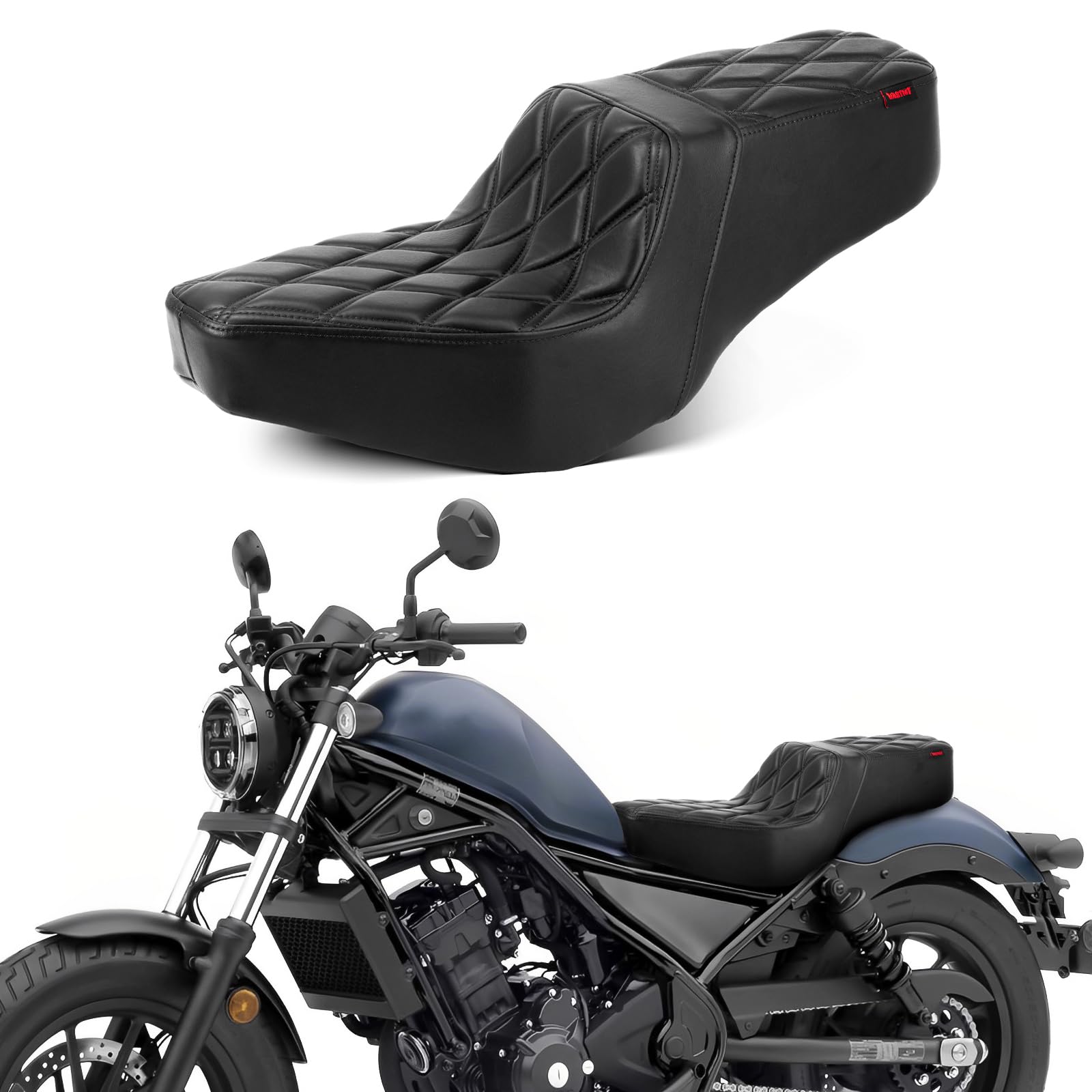 Honda Rebel CMX 300 500 Seat Cover - 2-Up One-Piece Driver & Passenger Seat with Diamond Stitching (Fits 2017-2023 Models) - Comfortable Motorcycle Seat for Cruiser Riding & Long Distance Travel