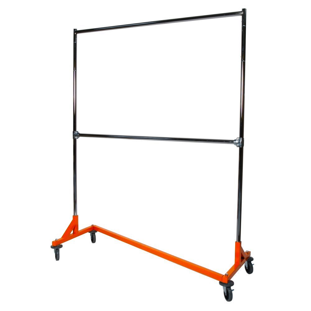 Commercial Grade Rolling Z Garment Rack with Orange Nesting Base - Double Bar Adjustable Height Chrome Uprights for Clothing Store, Boutique & Warehouse Organization | Heavy Duty Garment Rack for Retail Display, Laundry Room & Home Closet Storage