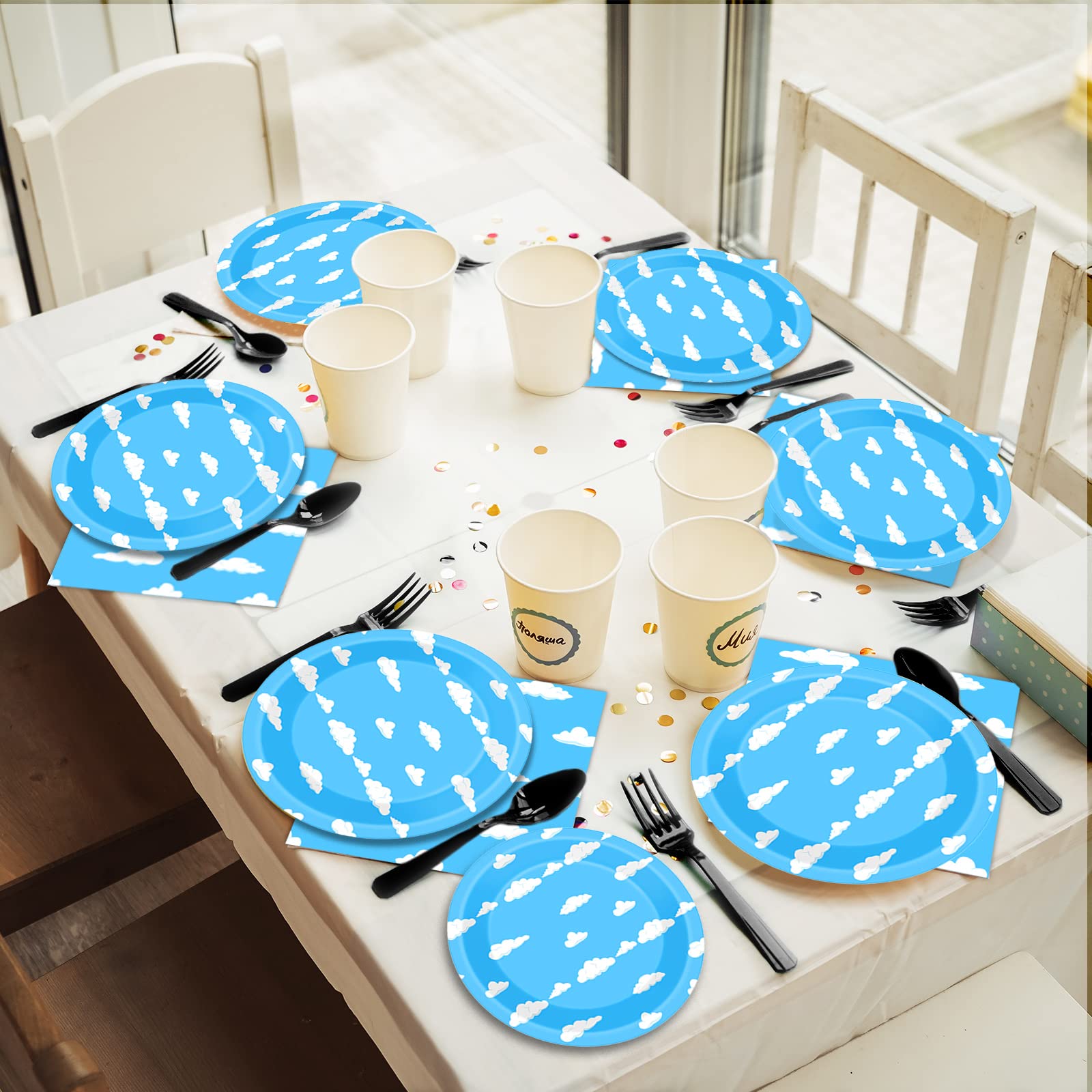 96-Piece Blue Sky White Clouds Party Plates & Napkins Set - Cartoon Cloud Themed Tableware for Birthday, Baby Shower - Serves 24 Guests - Perfect for Kids' Parties, Themed Events & Decorations