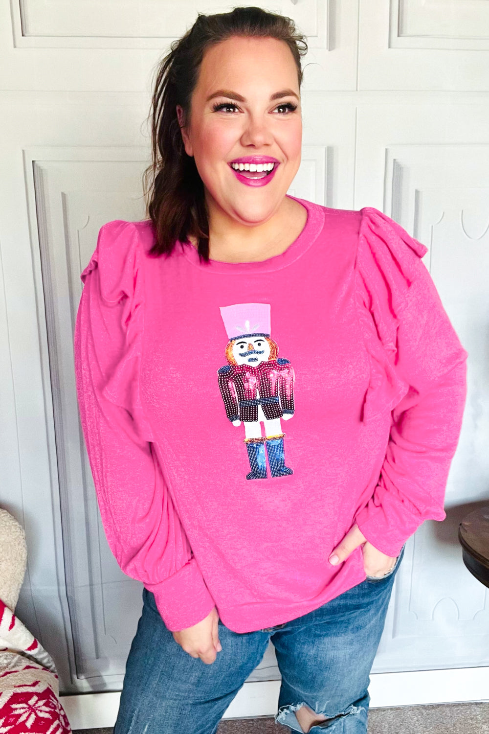Festive Hot Pink Sequin Nutcracker Christmas Sweater with Ruffle Hacci Knit - Perfect for Holiday Parties, Ugly Sweater Contests & Winter Gatherings