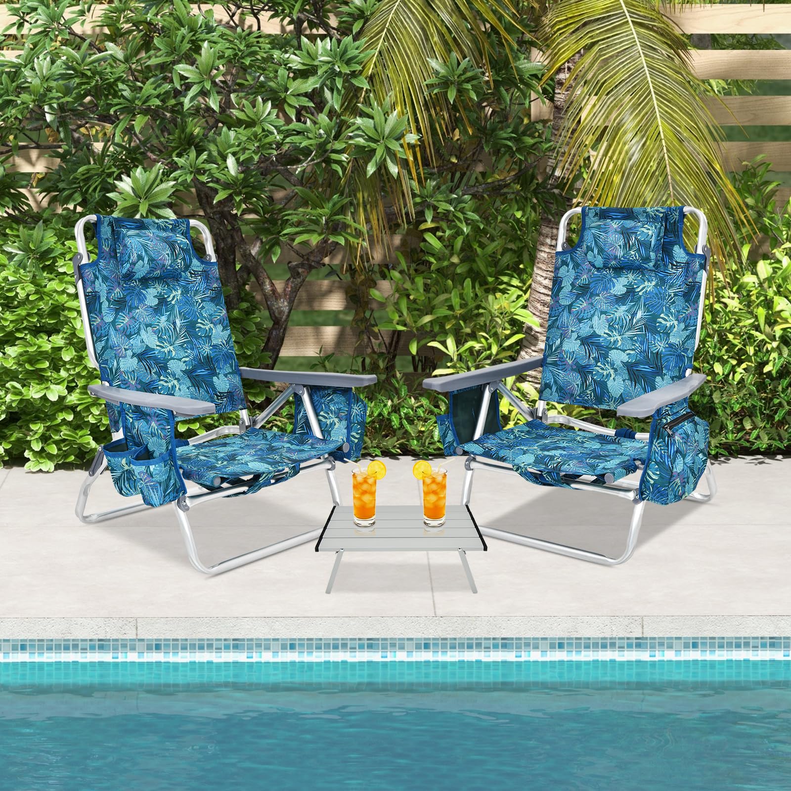 Gymax 2-Pack Portable Folding Beach Chairs with Cooler Bag, Cup Holder & Side Pockets - Lightweight Backpack Camping Chairs for Outdoor, Picnic, Travel, Pool Party & Beach Relaxation (Blue Leaves Pattern, Includes Table)