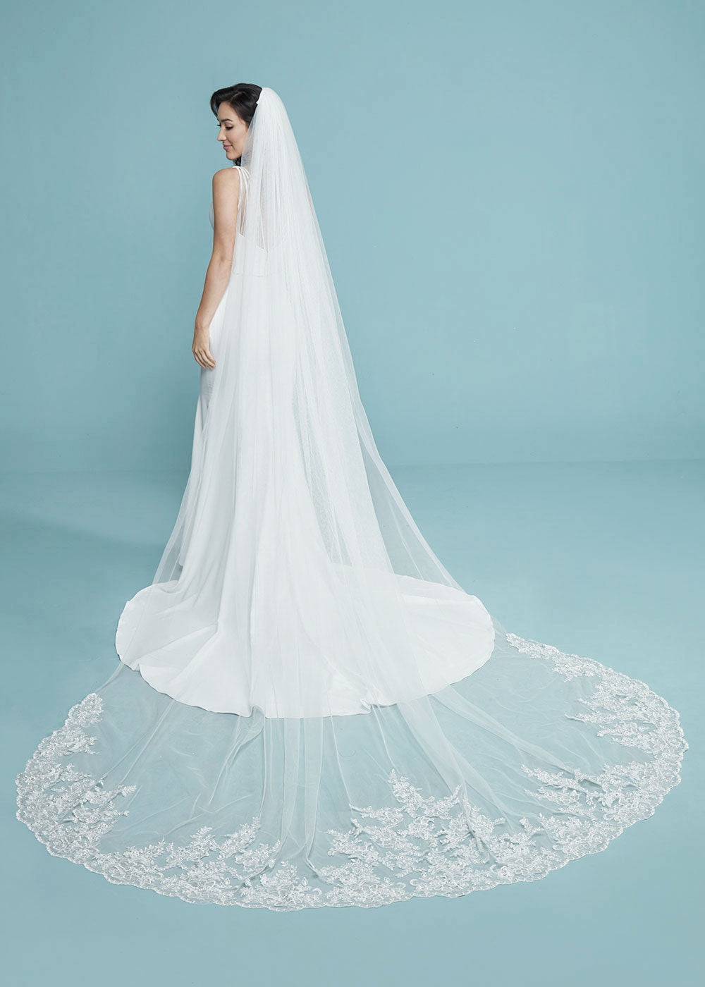 Quinn Veil Cathedral Wedding Veil with Scallop Floral Lace - Elegant Bridal Accessory for Church Ceremony & Formal Weddings