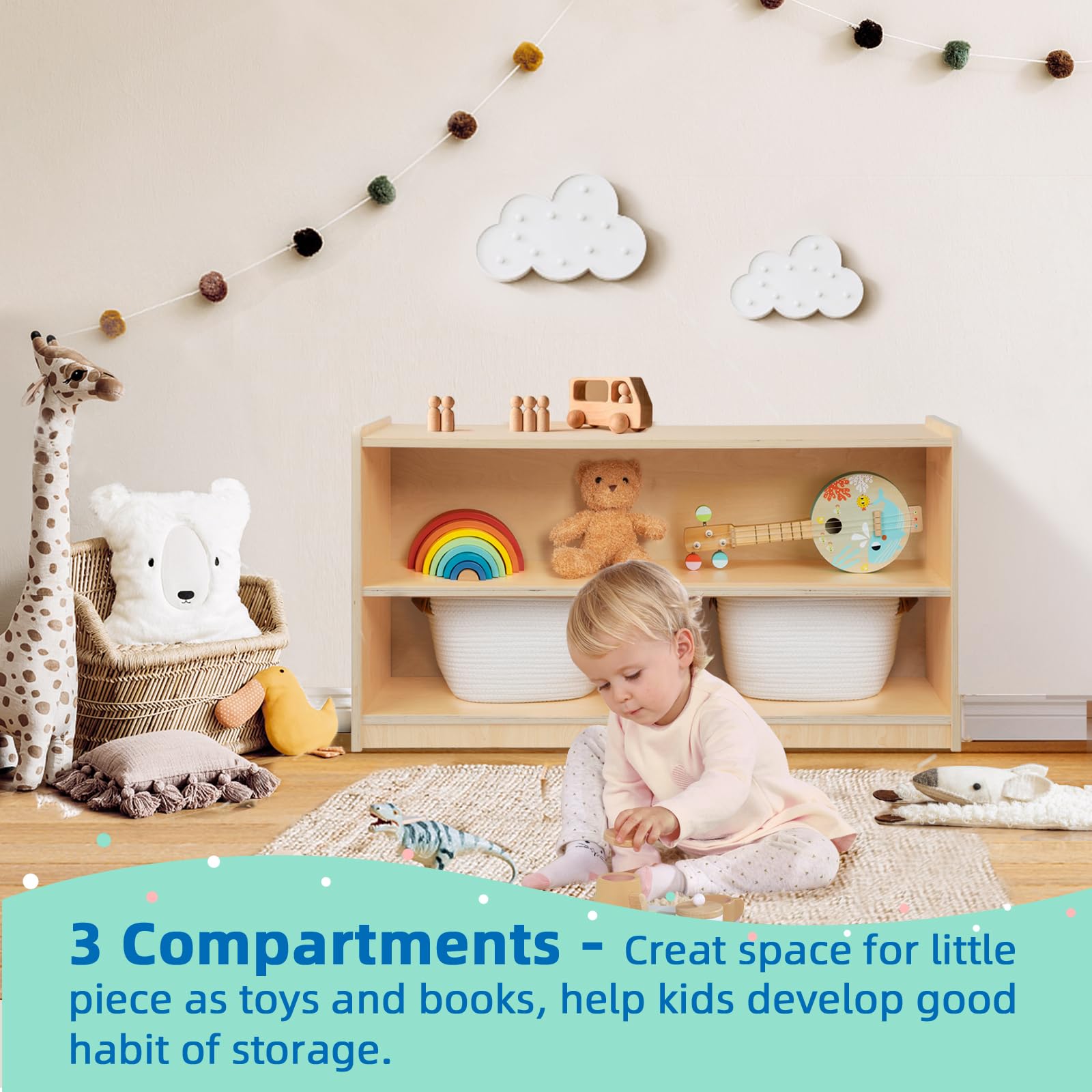 Montessori Toy Organizer for Kids - 2-Shelf Wooden Storage Cabinet with 3 Sections - Perfect for Classroom, Kindergarten, Playroom & Kids Room - Ideal for Organizing Toys, Books & Learning Materials