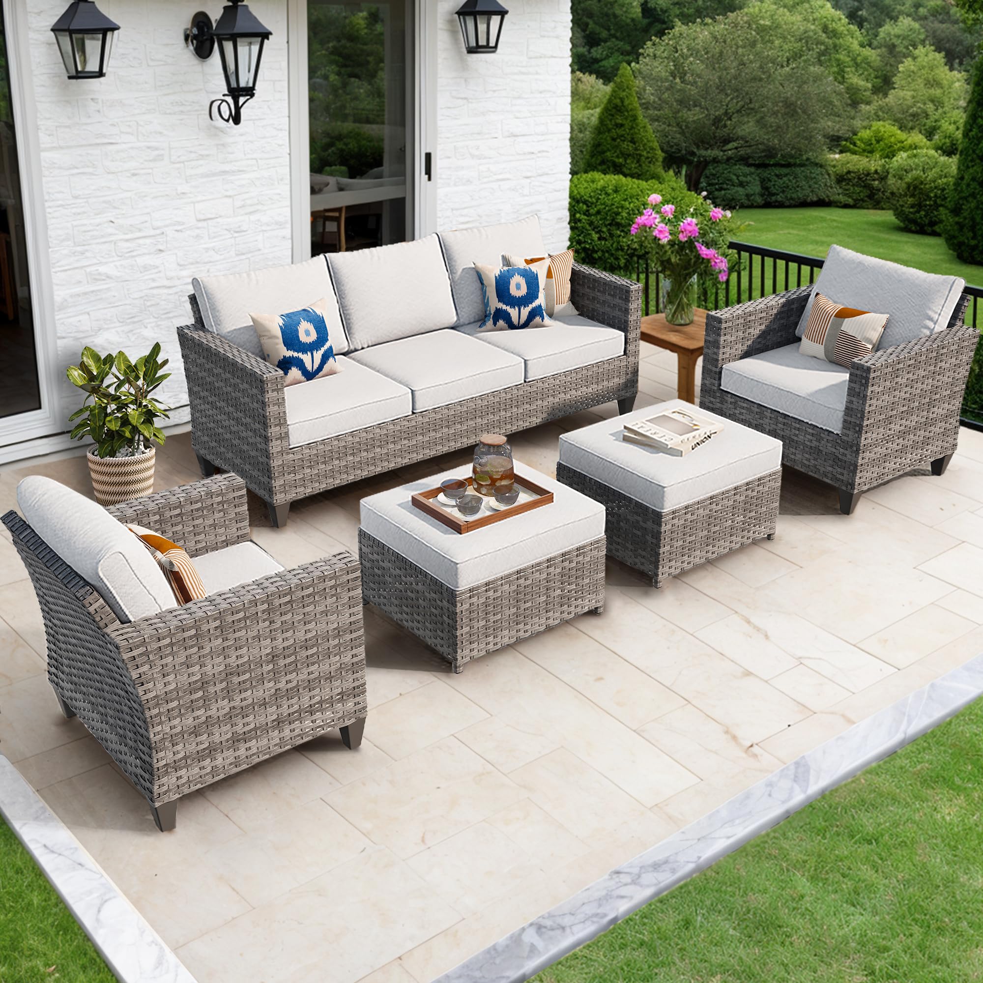 Ovios 5-Piece Patio Furniture Set - Outdoor Wicker Sofa with Comfortable Cushions, Rattan Conversation Set for Backyard, Deck or Porch (Grey) - Perfect for Outdoor Entertaining & Relaxation