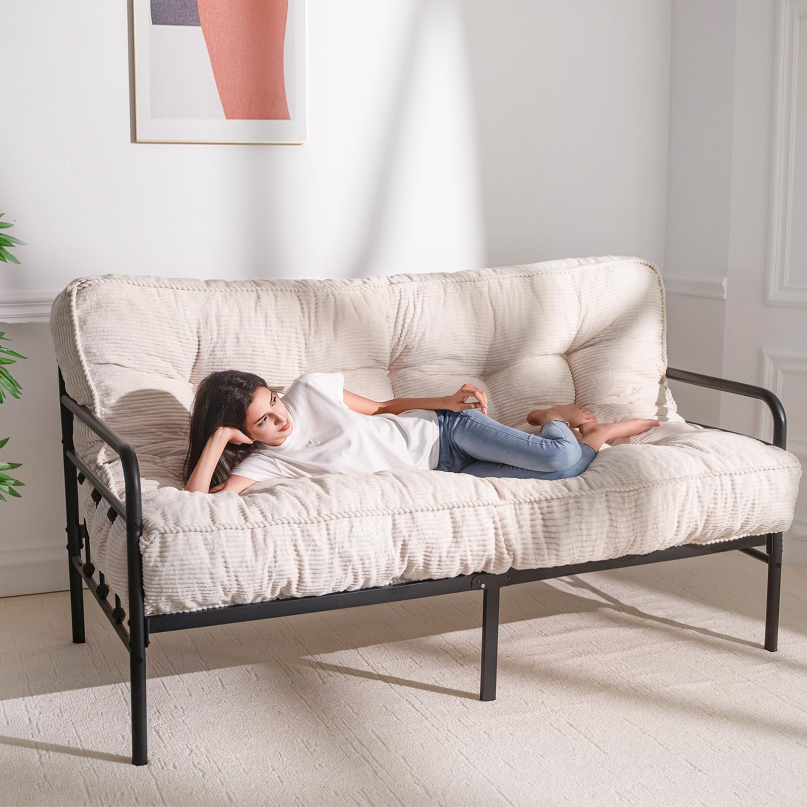 MAXYOYO 8 Inch Tufted Futon Sofa Bed - Thick Corduroy Fabric Floor Mattress for Adults (Mattress Only), Beige - Perfect for Small Spaces, Guest Rooms & Dorm Rooms