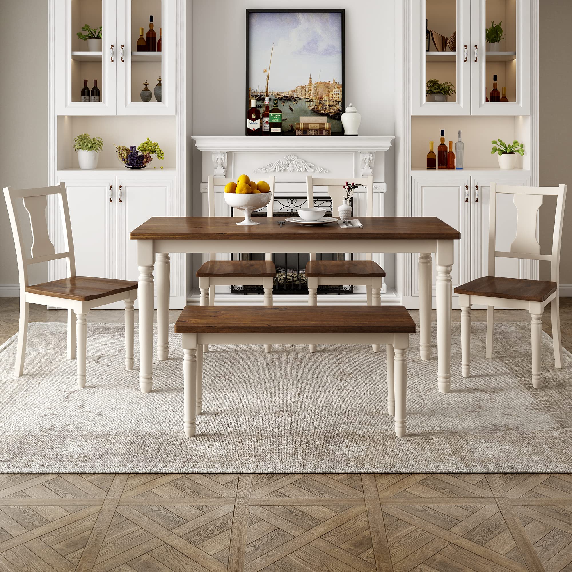 6-Piece Farmhouse Dining Table Set with Bench - Rectangular Kitchen Table & 4 Chairs for 6 People | Rustic Home Decor for Dining Room, Breakfast Nook & Small Space Gatherings