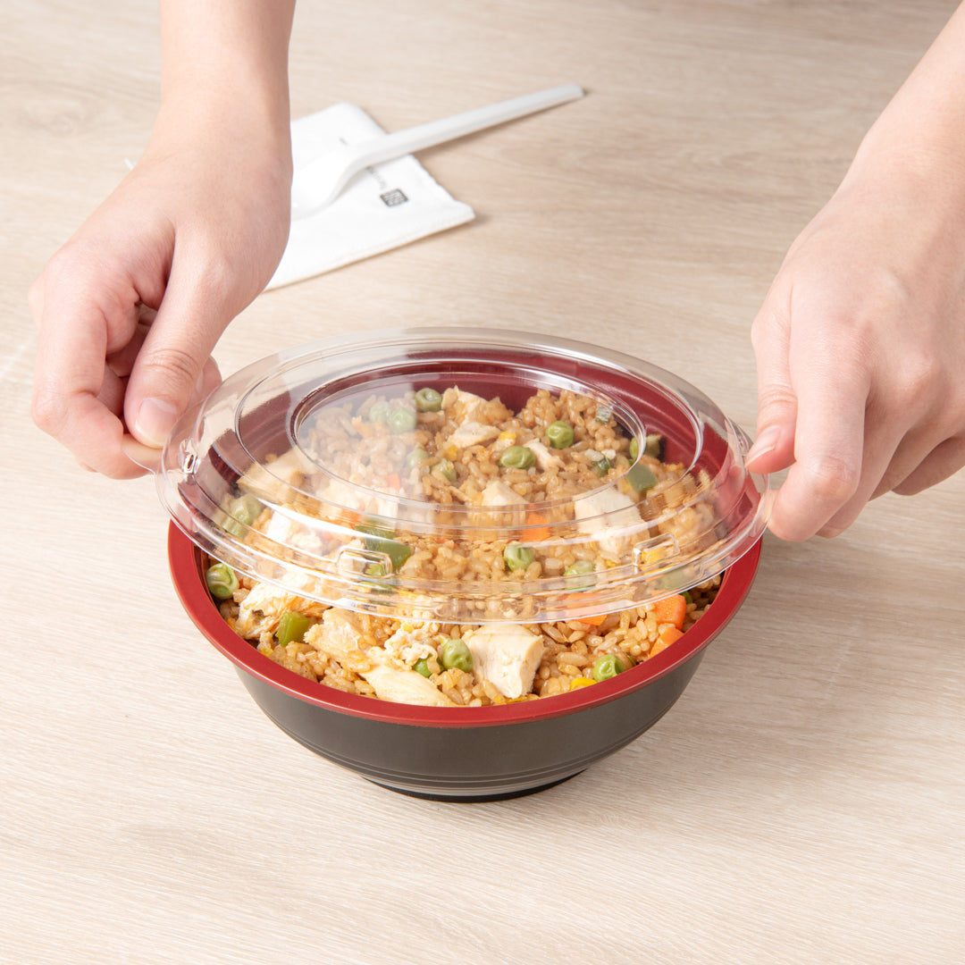 24 oz Round Black and Red Plastic Panda Bowl with Clear Lid - Microwave Safe Asian Style Soup Noodle Bowl (6.5