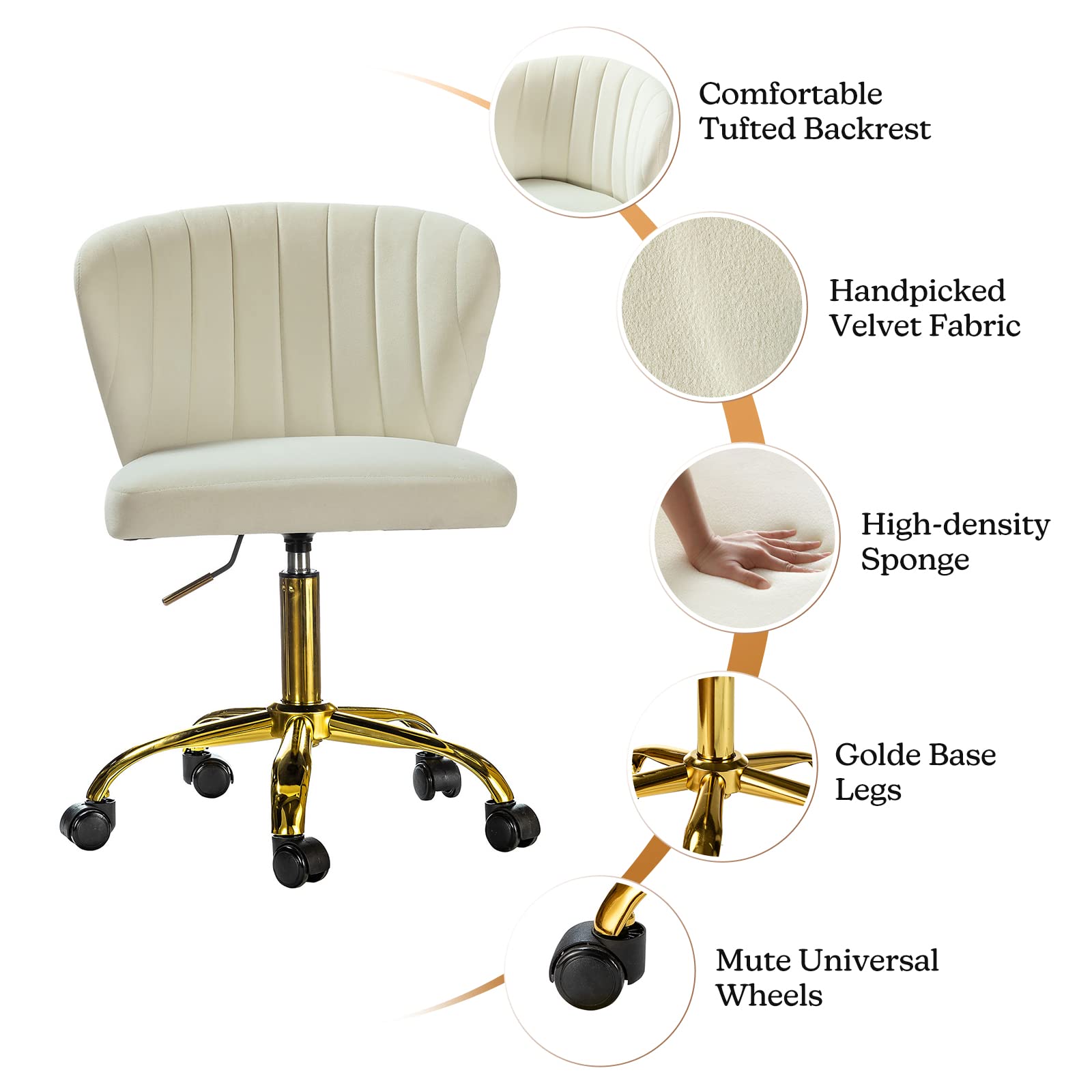 TINA'S HOME Modern Velvet Office Chair with Wheels & Gold Base - Adjustable Low Back Swivel Rolling Task Chair, Armless Upholstered Desk Chair for Home Office, Living Room, Vanity or Study - Ivory