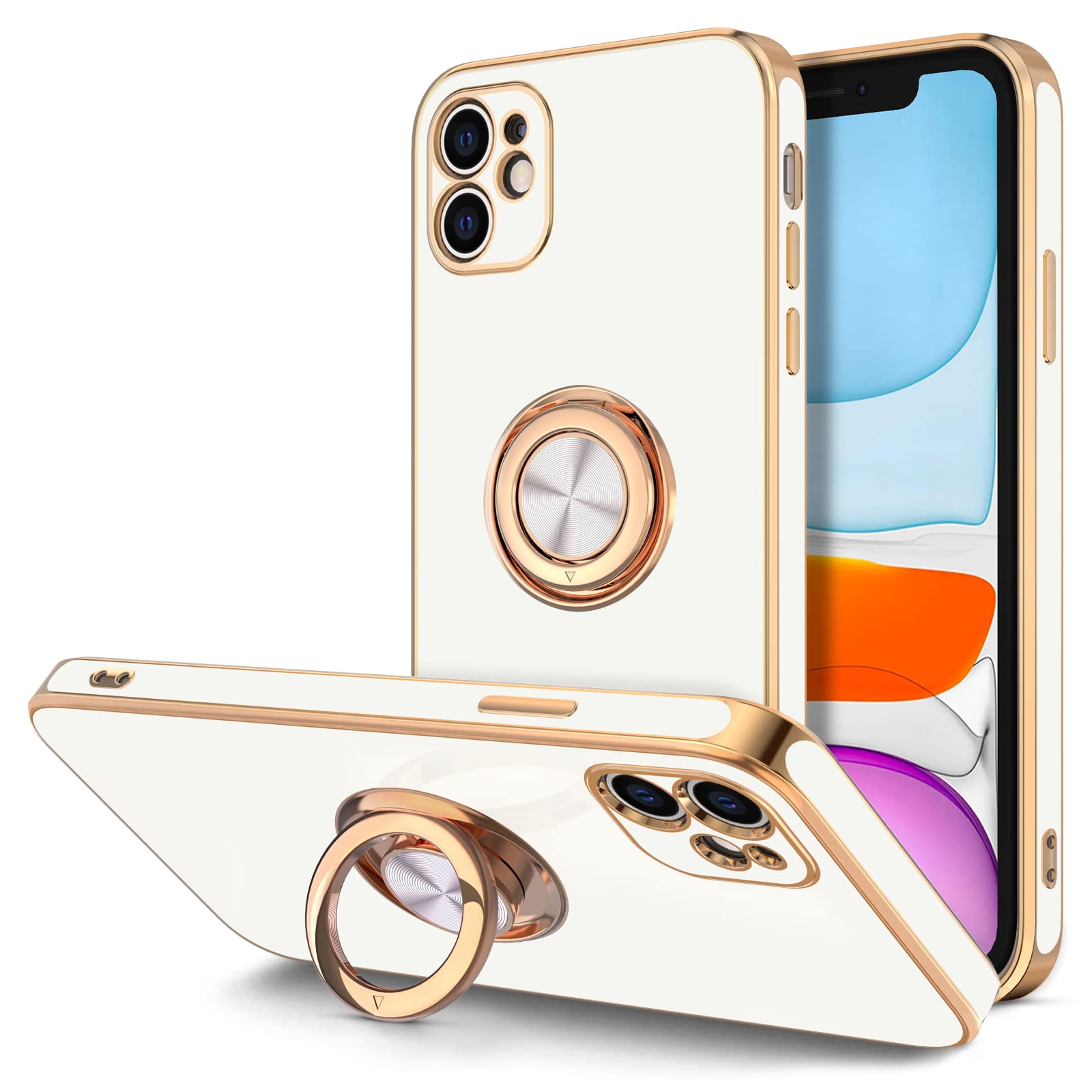 Luxury iPhone 11 Case with Rotatable Ring Stand - Rose Gold Edge for Women & Men | Perfect for Work & Travel