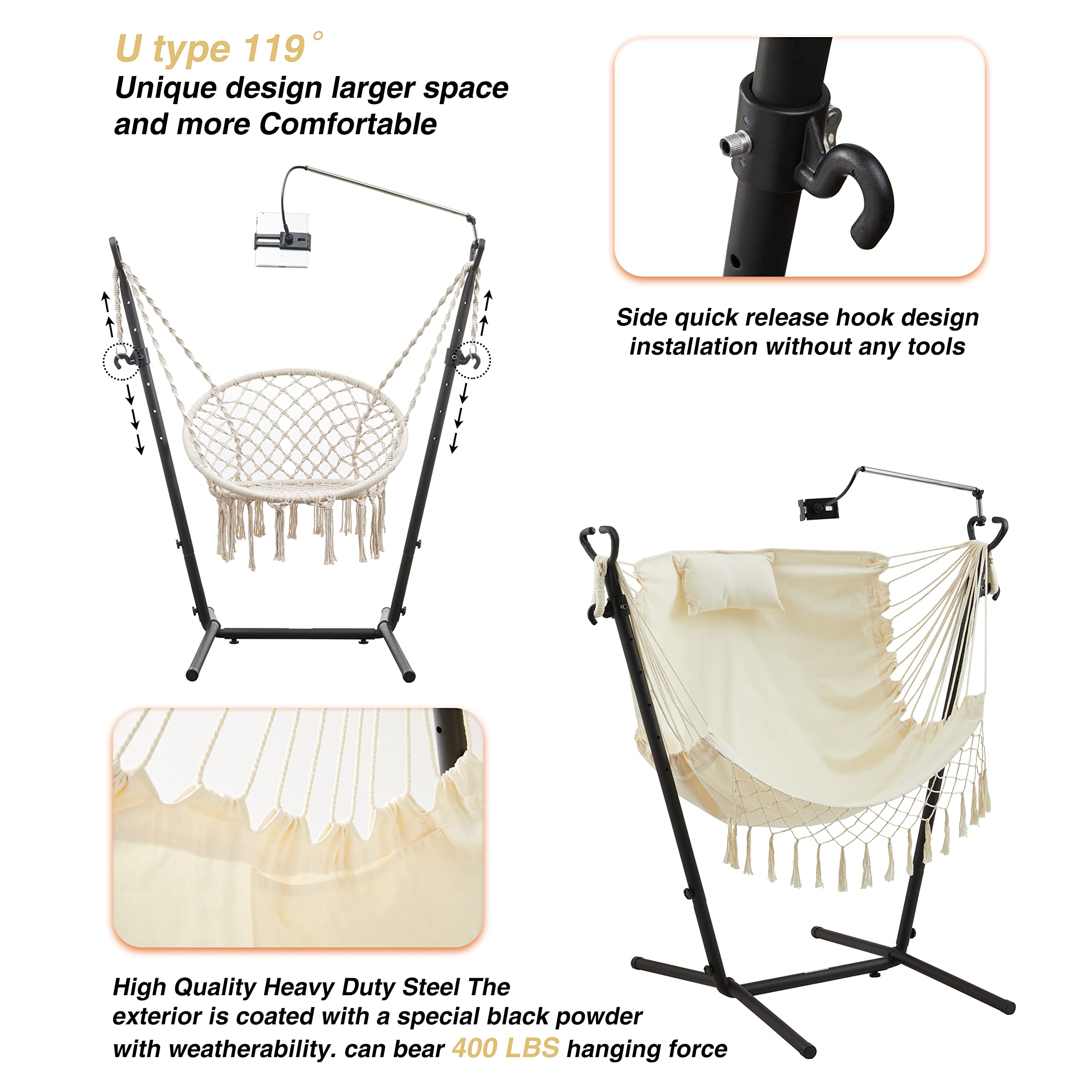 Hanging Hammock Chair with Stand - Adjustable Swing Chair for Indoor & Outdoor Use - Includes Phone Holder & Pillow - Perfect for Bedroom, Patio, Garden Relaxation (Beige)
