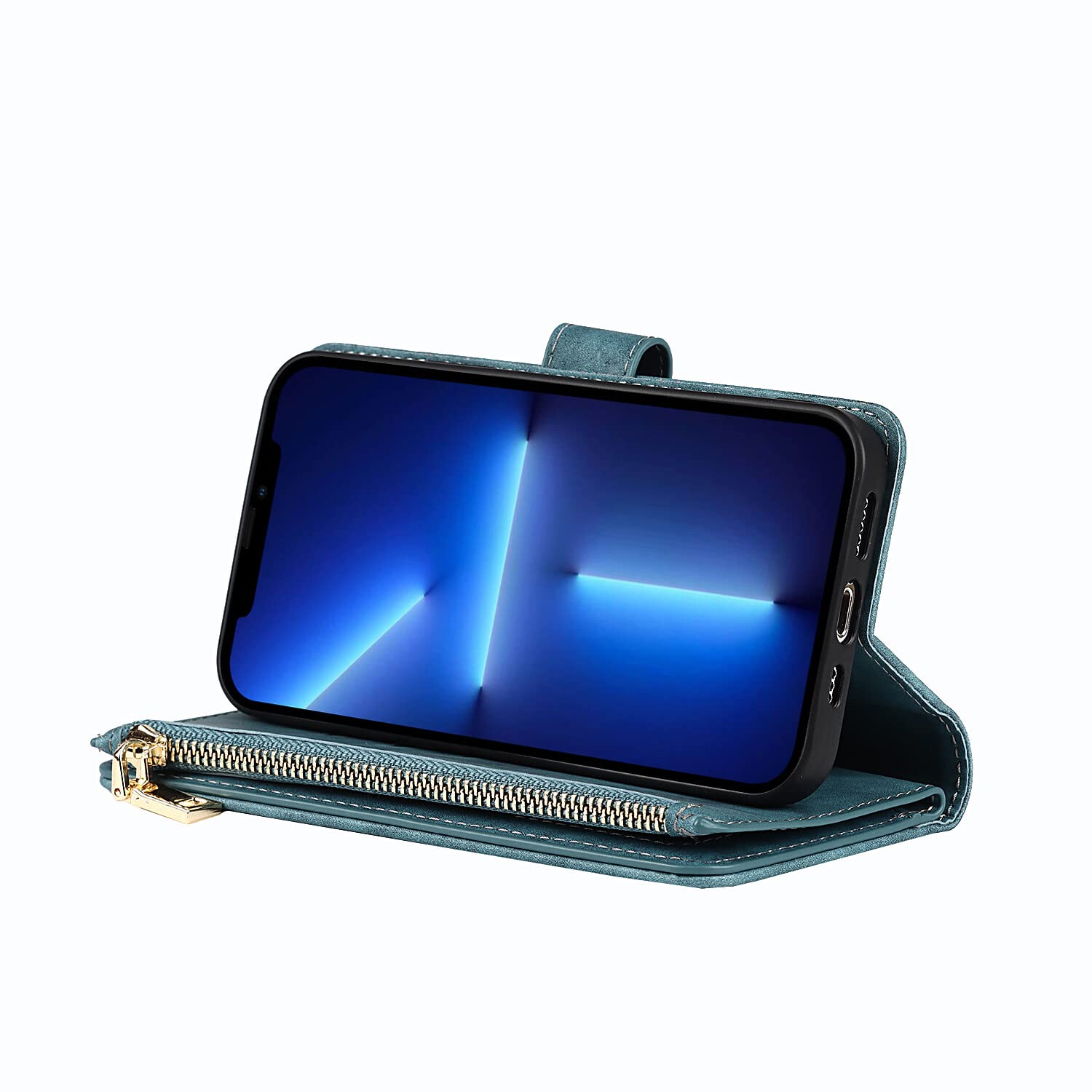 Premium Leather Magnetic Wallet Case for iPhone 13 Pro - Crossbody Strap & Stand Function, Card Holder, Protective Cover (Light Blue) | Perfect for Travel, Work & Everyday Use