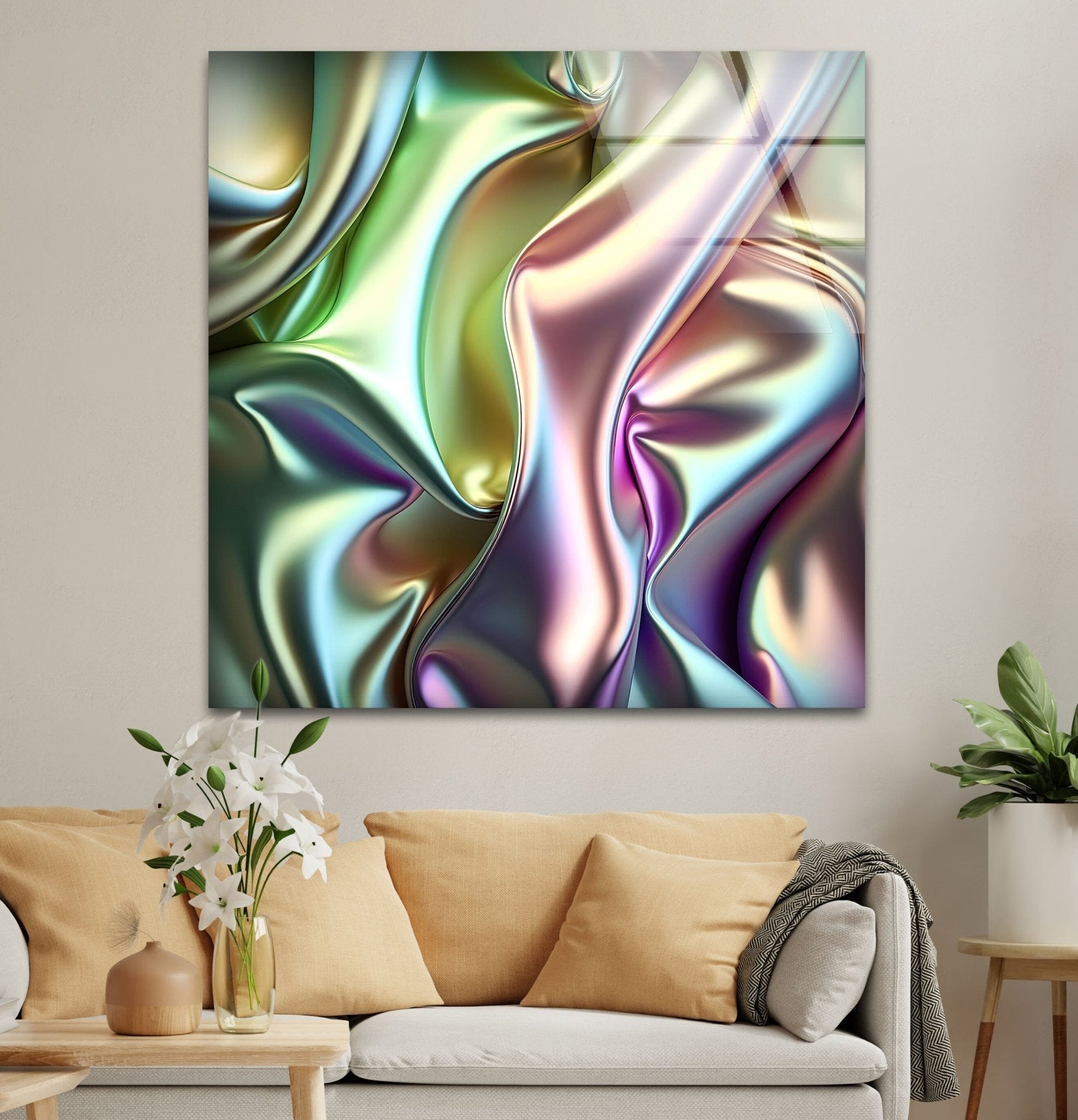 Abstract Iridescent Glass Wall Art - Modern Handmade Home Decor for Living Room, Bedroom & Office - Unique Shimmering Light Reflection Decorative Piece