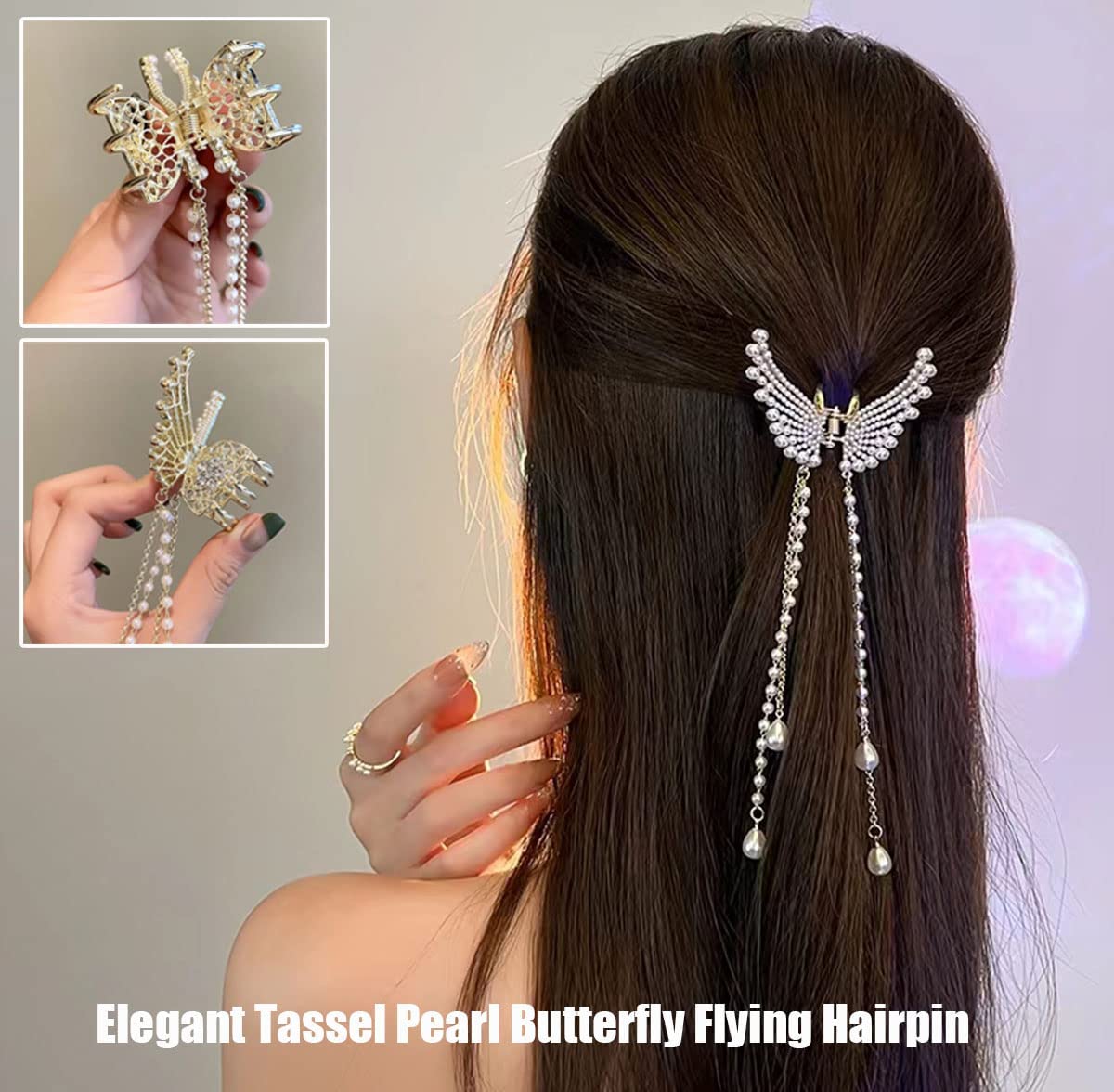 BAKEFY Pearl Hair Clips for Women - Elegant Stone Hair Accessories, Wedding Butterfly Claw Clips, Metal Hair Clutchers (1 Piece) - Perfect for Bridal, Parties & Everyday Styling