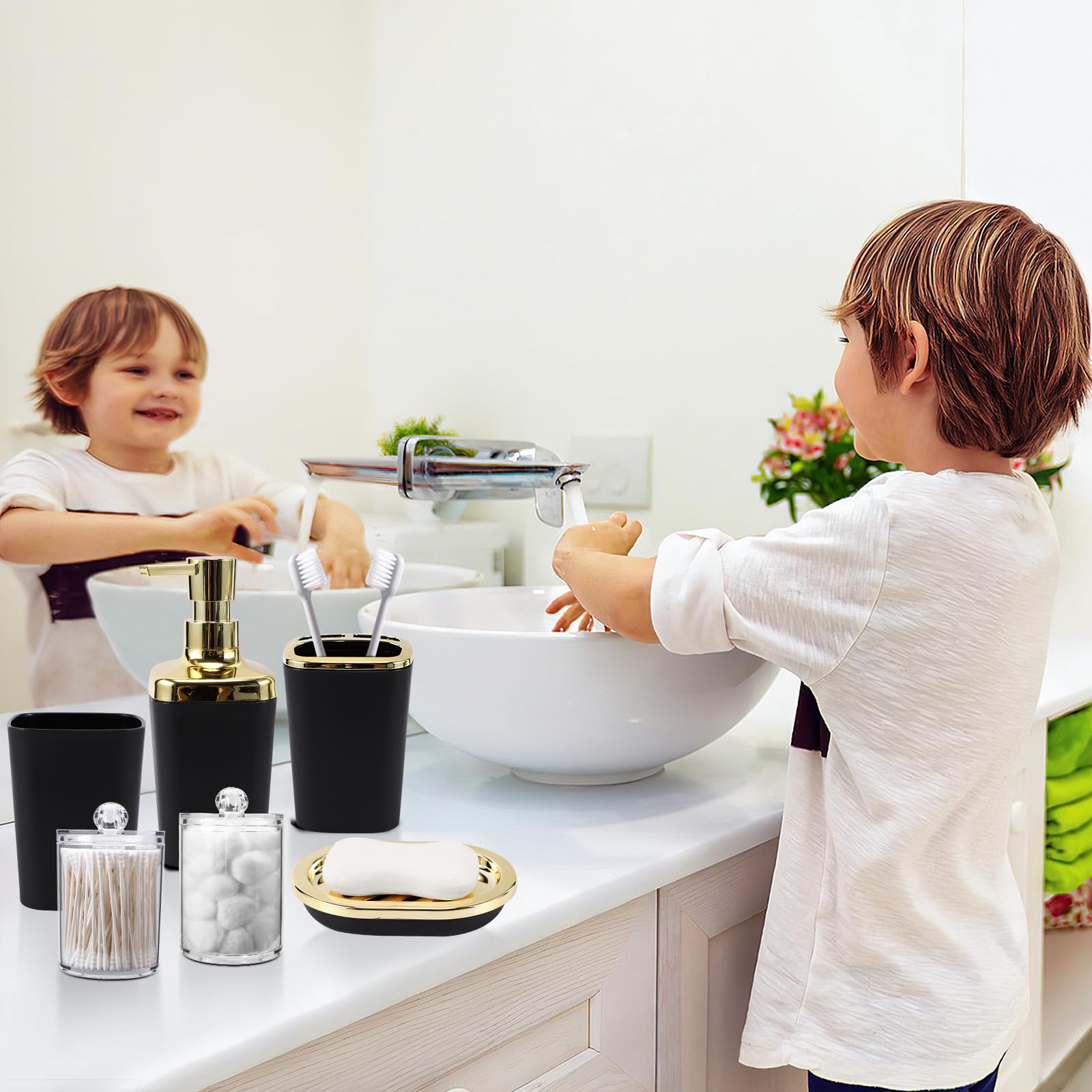 Premium 24-Piece Black Bathroom Accessories Set - Includes Shower Curtain with Hooks, Soap Dispenser, Soap Dish, Toilet Brush Holder & Trash Can - Complete Modern Bathroom Decor for Home, Apartment & Guest Bathrooms