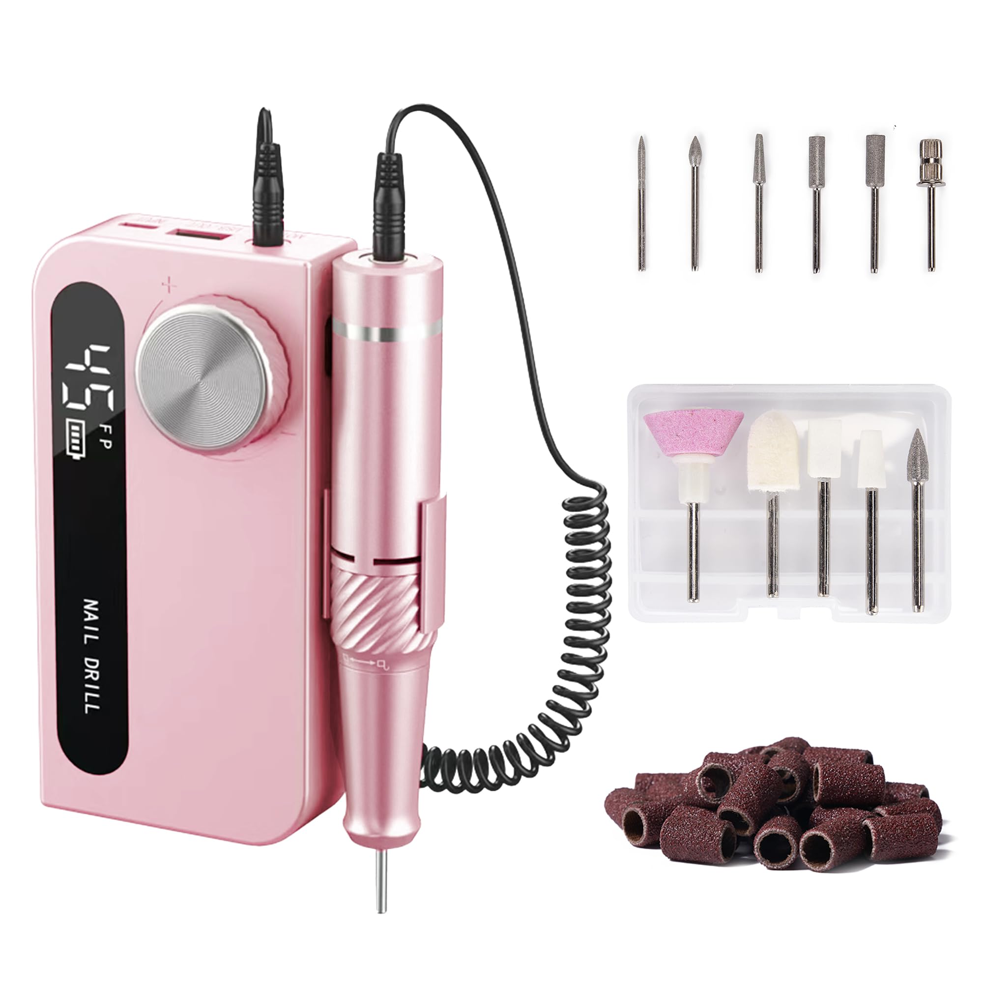 Professional Cordless Electric Nail Drill - 45000 RPM Rechargeable Manicure Machine for Acrylic & Gel Nails | Portable Nail File Kit for Salon & Home Use | Perfect for Nail Art, Polish Removal & Pedicures (Pink)