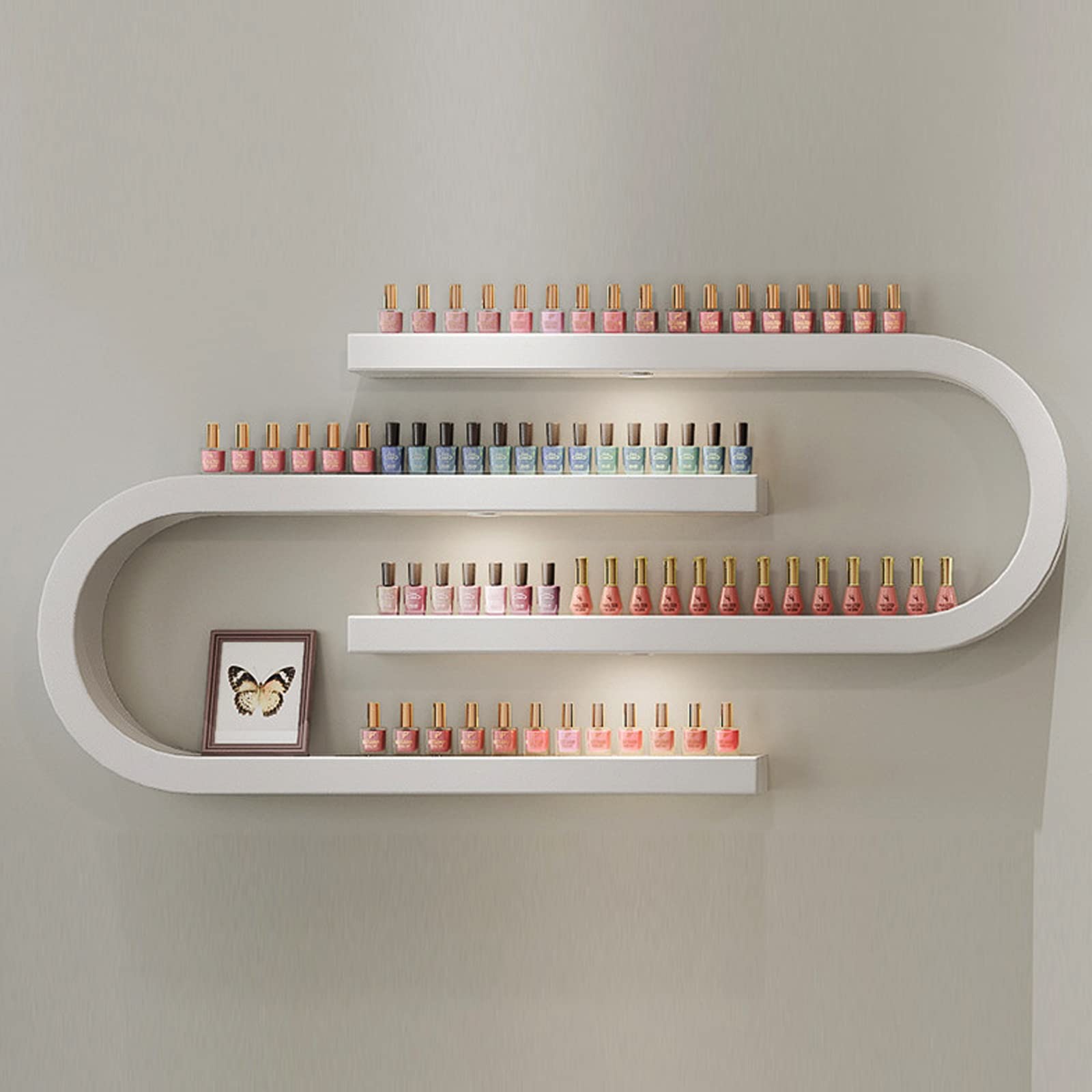 BBTF Wall Mounted U-Shape Nail Polish Organizer with LED Light - White/Black Nail Polish Wall Rack for Salon, Spa & Home Use | Essential Oil & Perfume Storage Solution | Perfect for Professional Nail Technicians & DIY Enthusiasts
