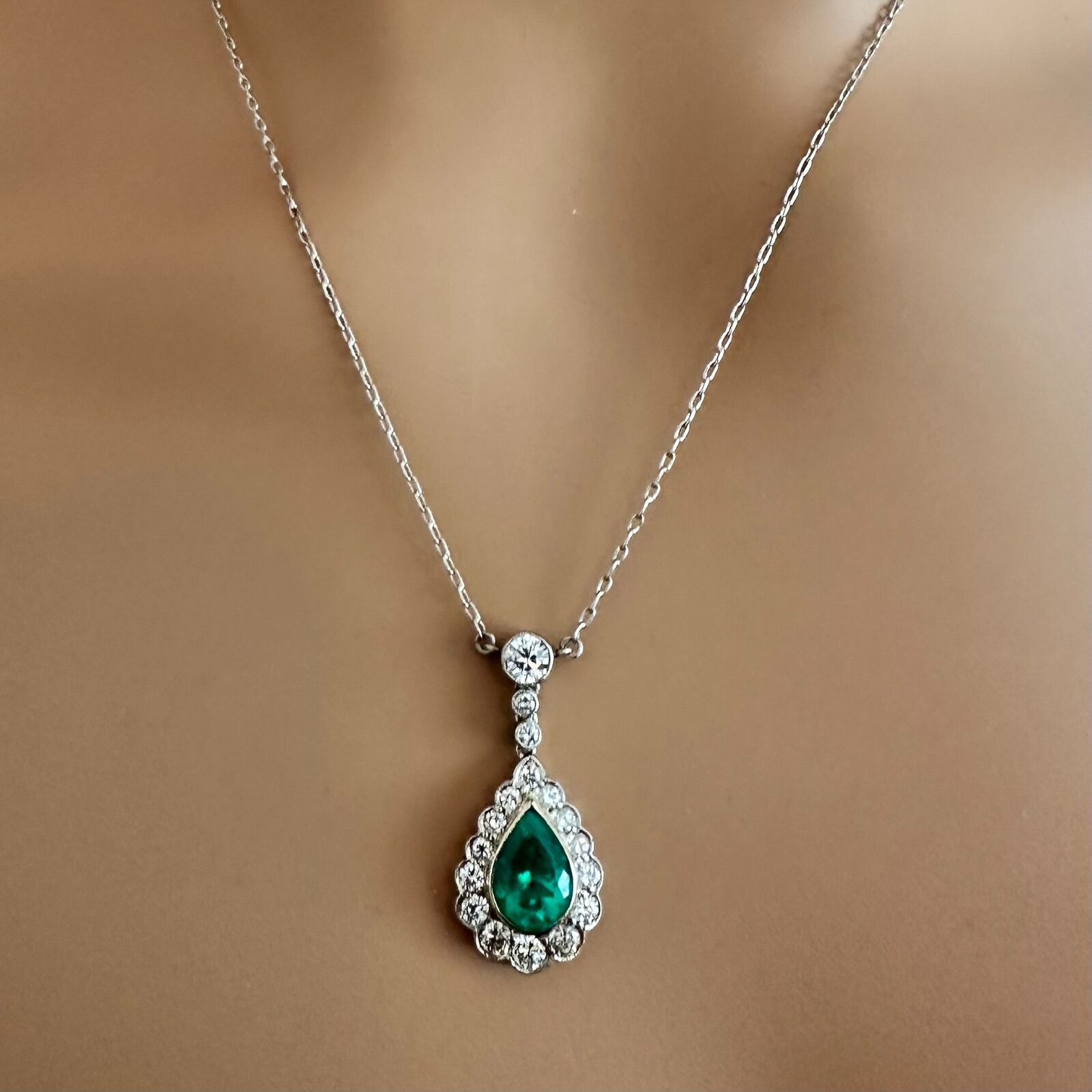 Vintage Platinum Diamond Emerald Earrings and Necklace Set - Elegant Estate Jewelry for Weddings, Anniversaries & Special Occasions